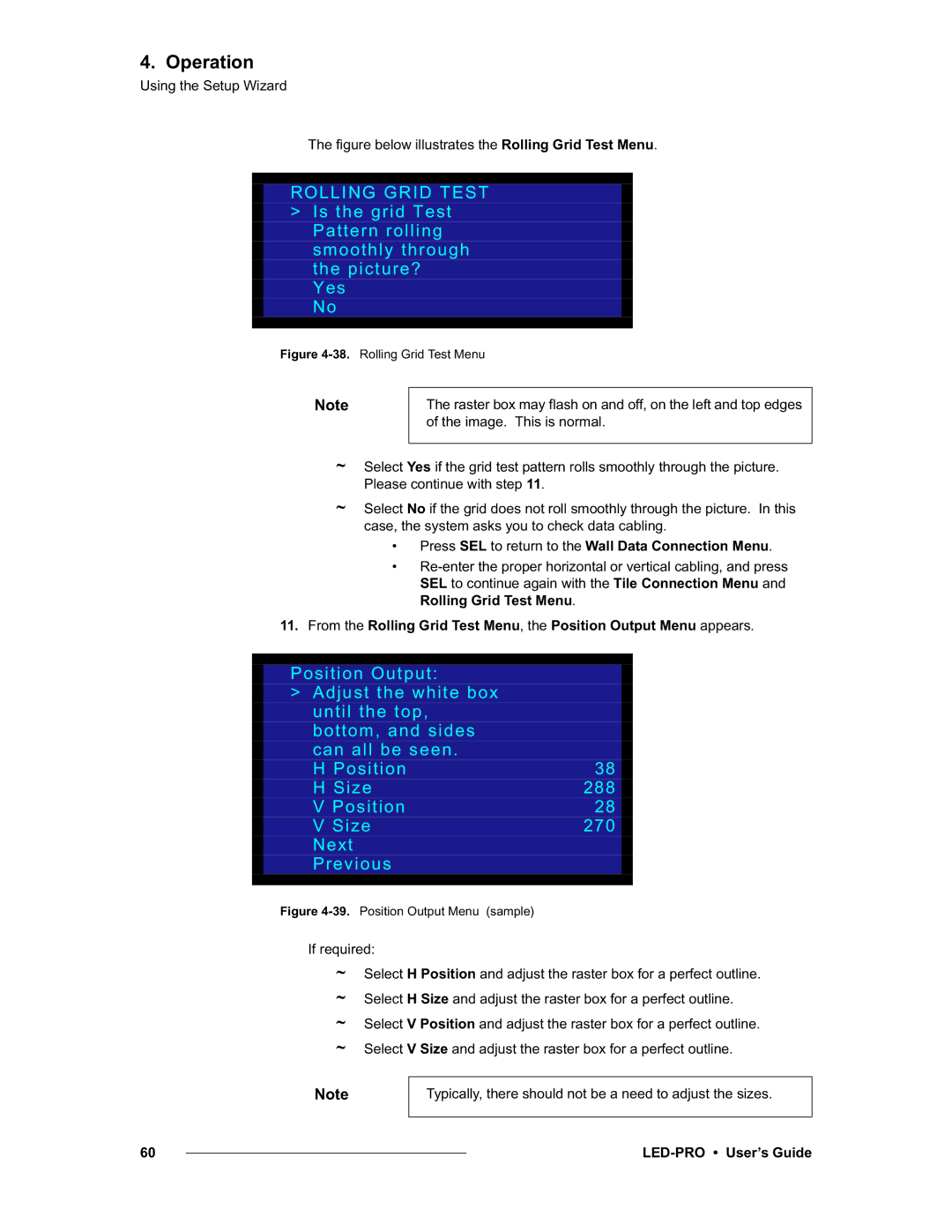 Barco 26-0501000-00, LED-PRO manual Rolling Grid Test, Press SEL to return to the Wall Data Connection Menu 