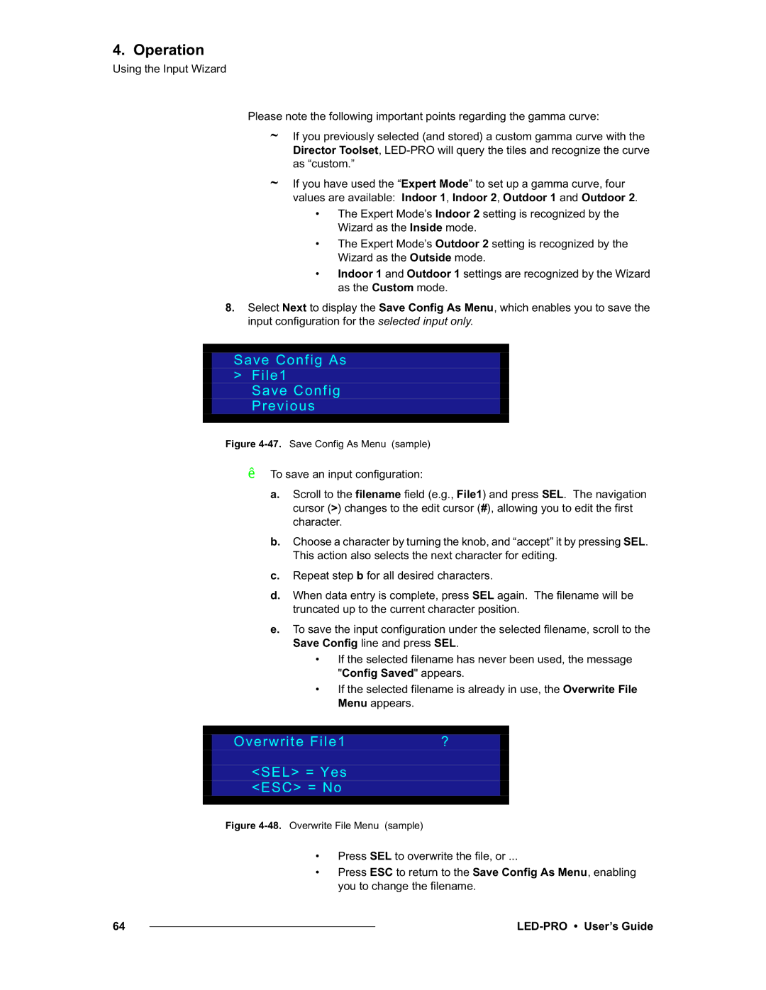 Barco 26-0501000-00, LED-PRO manual Save Config As File1 Save Config Previous, Overwrite File1 SEL = Yes ESC = No 