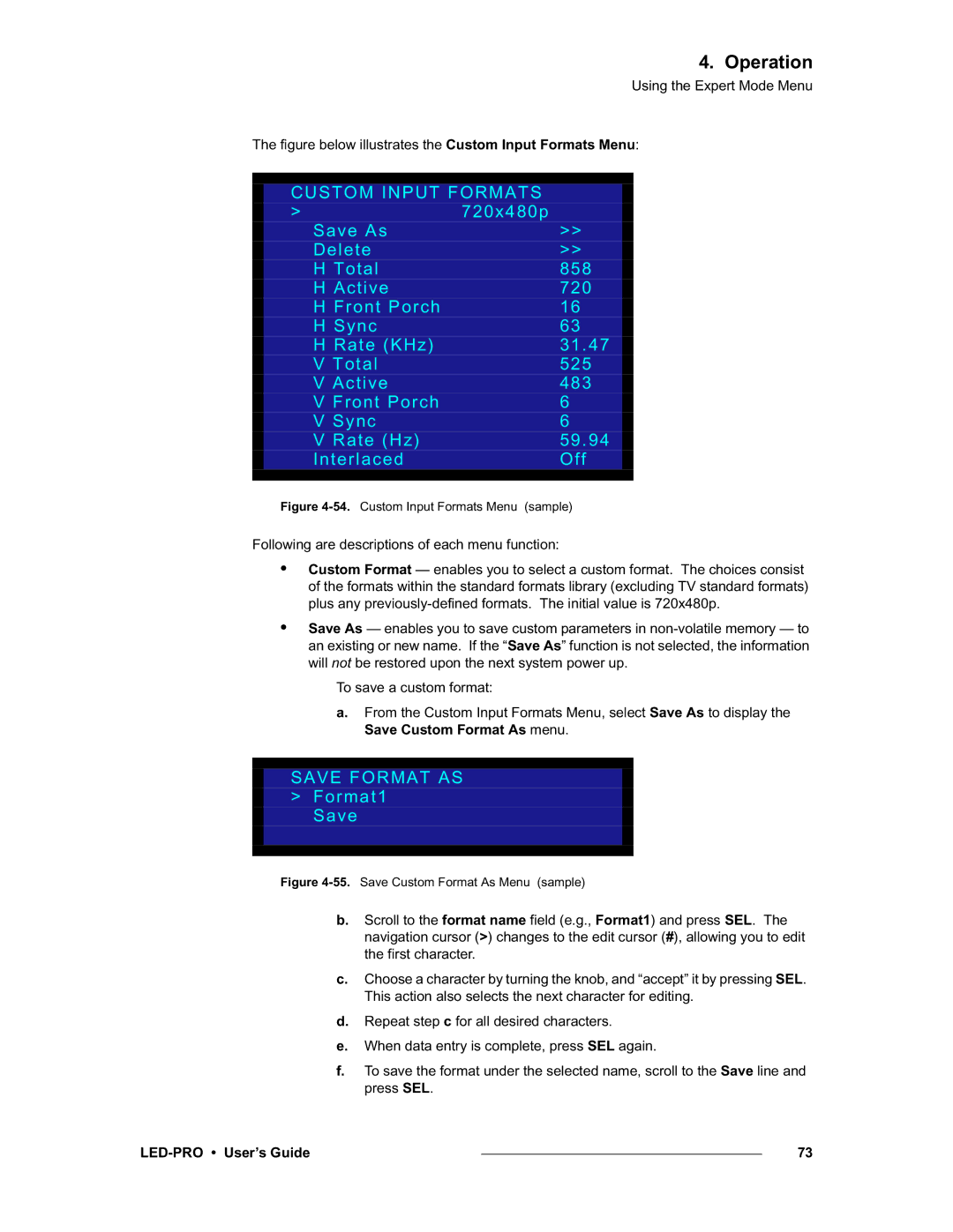 Barco LED-PRO, 26-0501000-00 manual Custom Input Formats, Save Format AS Format1 