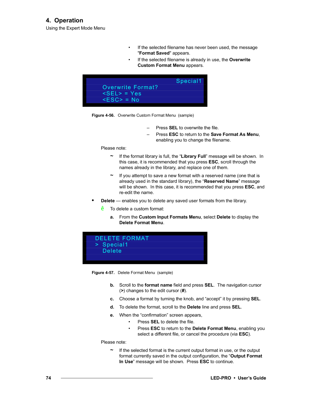 Barco 26-0501000-00, LED-PRO manual Special1 Overwrite Format? SEL = Yes ESC = No, Delete Format Special1 