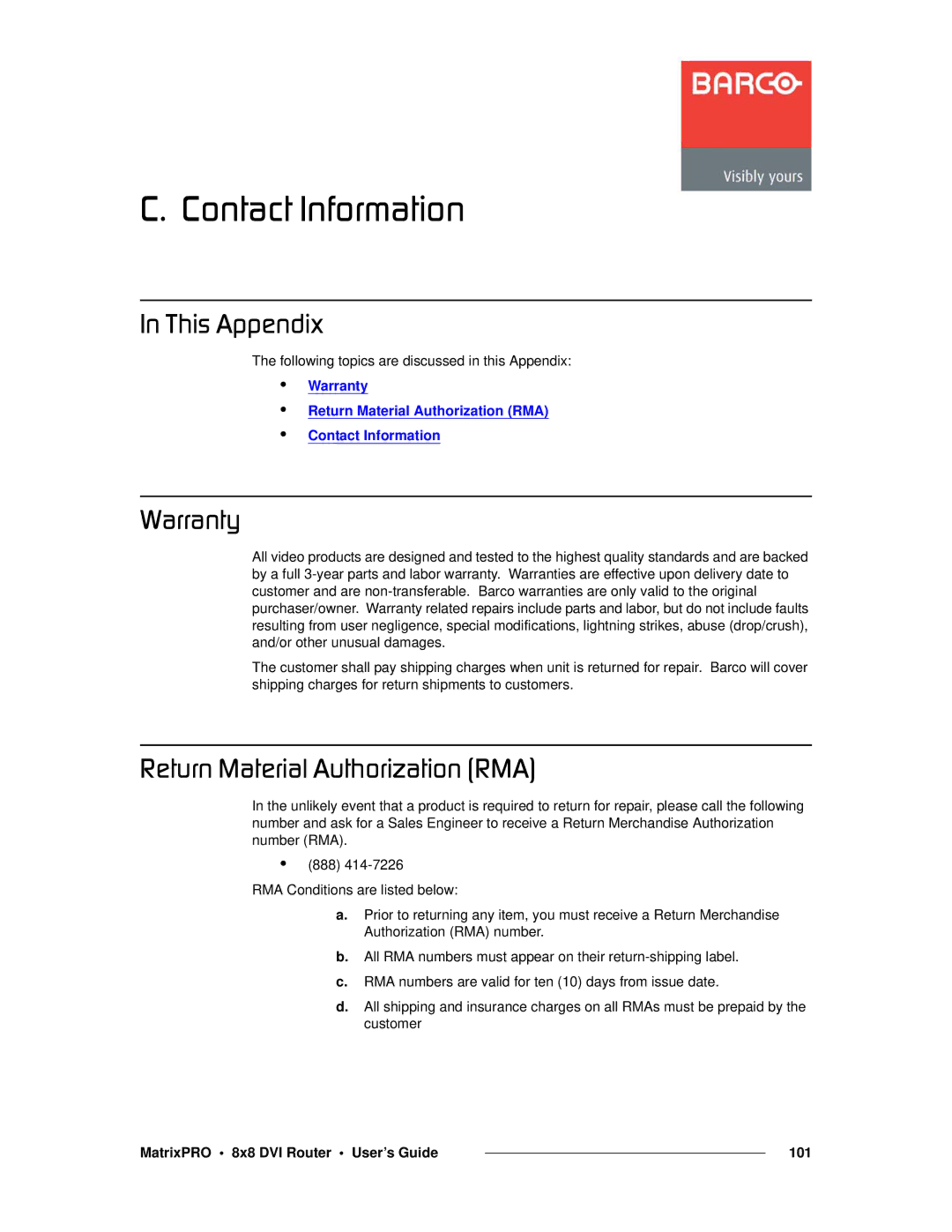 Barco 26-0503000-00 manual `K==`çåí~Åí=fåÑçêã~íáçå, ~êê~åíó, OÉíìêå=j~íÉêá~ä=ìíÜçêáò~íáçå=EojF 