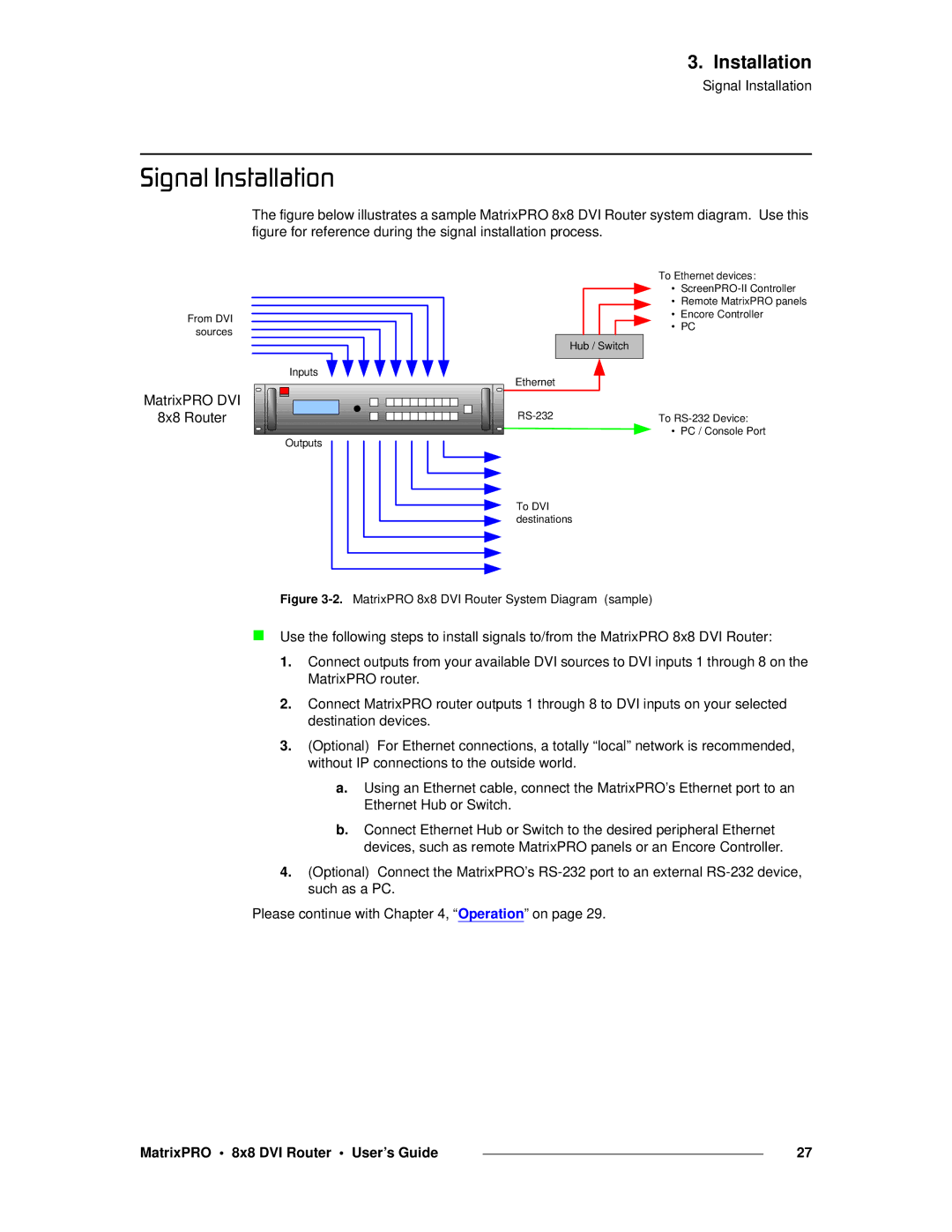 Barco 26-0503000-00 manual PáÖå~ä=fåëí~ää~íáçå, MatrixPRO 8x8 DVI Router System Diagram sample 