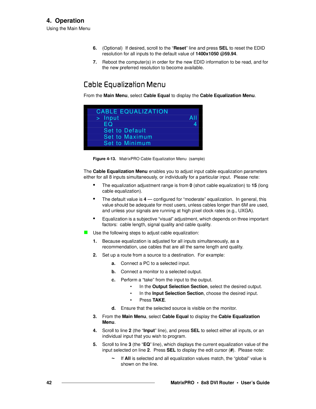 Barco 26-0503000-00 `~ÄäÉ=bèì~äáò~íáçå=jÉåì, Cable Equalization, Input All Set to Default Set to Maximum Set to Minimum 