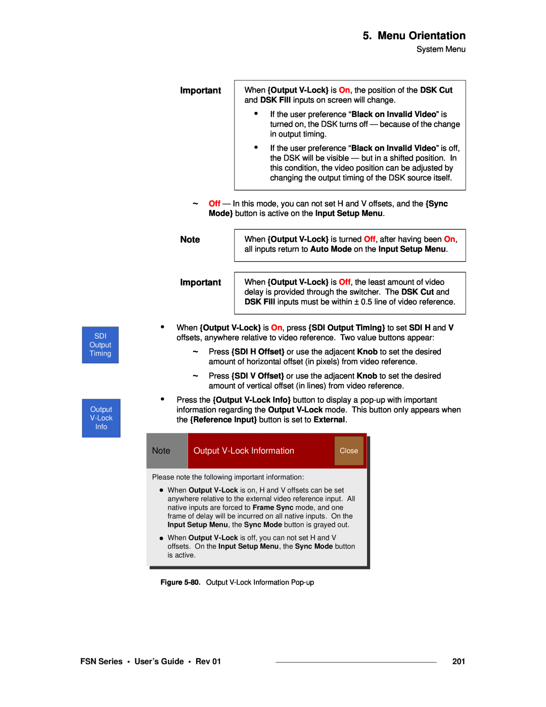 Barco 26-0702000-00 manual Output V-LockInformation, Menu Orientation, FSN Series • User’s Guide • Rev 