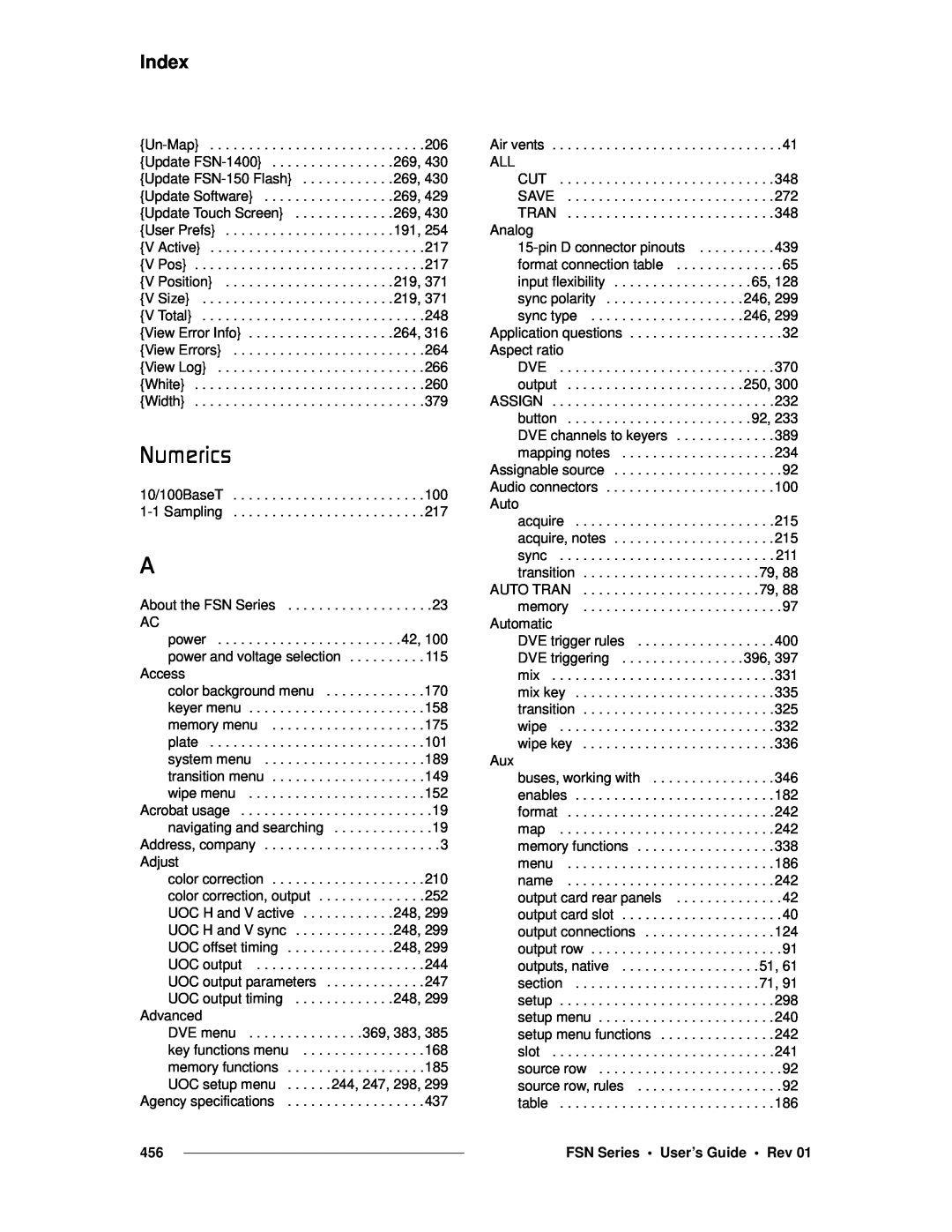 Barco 26-0702000-00 manual kìãÉêáÅë, Index, FSN Series • User’s Guide • Rev 