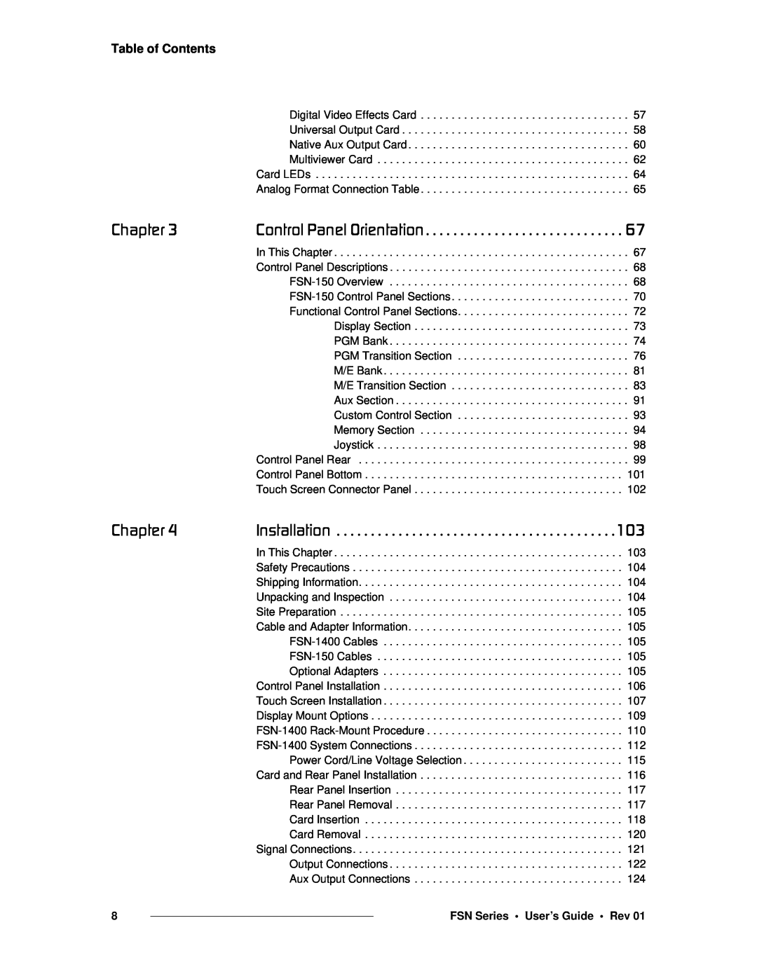 Barco 26-0702000-00 manual `Ü~éíÉê=P, `Ü~éíÉê=Q, Table of Contents, FSN Series • User’s Guide • Rev 