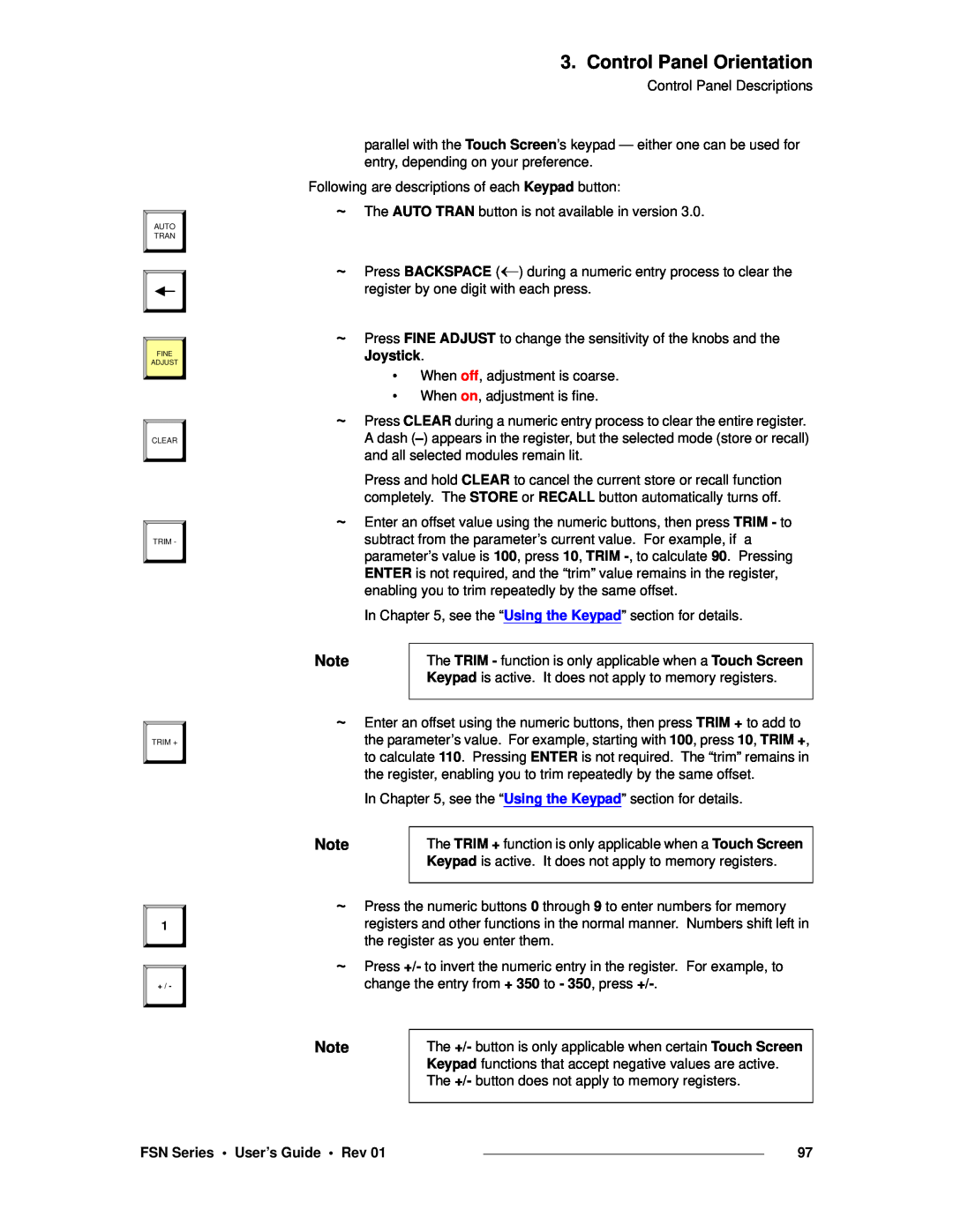Barco 26-0702000-00 manual Control Panel Orientation, FSN Series • User’s Guide • Rev 