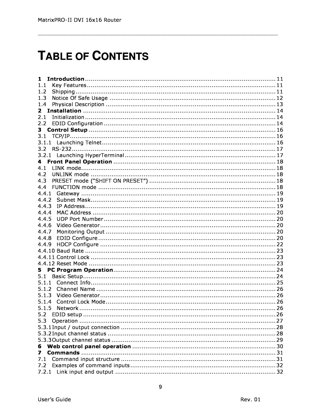 Barco 26-1302001-00 manual Table Of Contents 