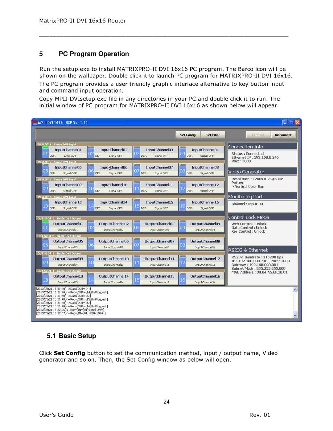 Barco 26-1302001-00 manual PC Program Operation, Basic Setup 