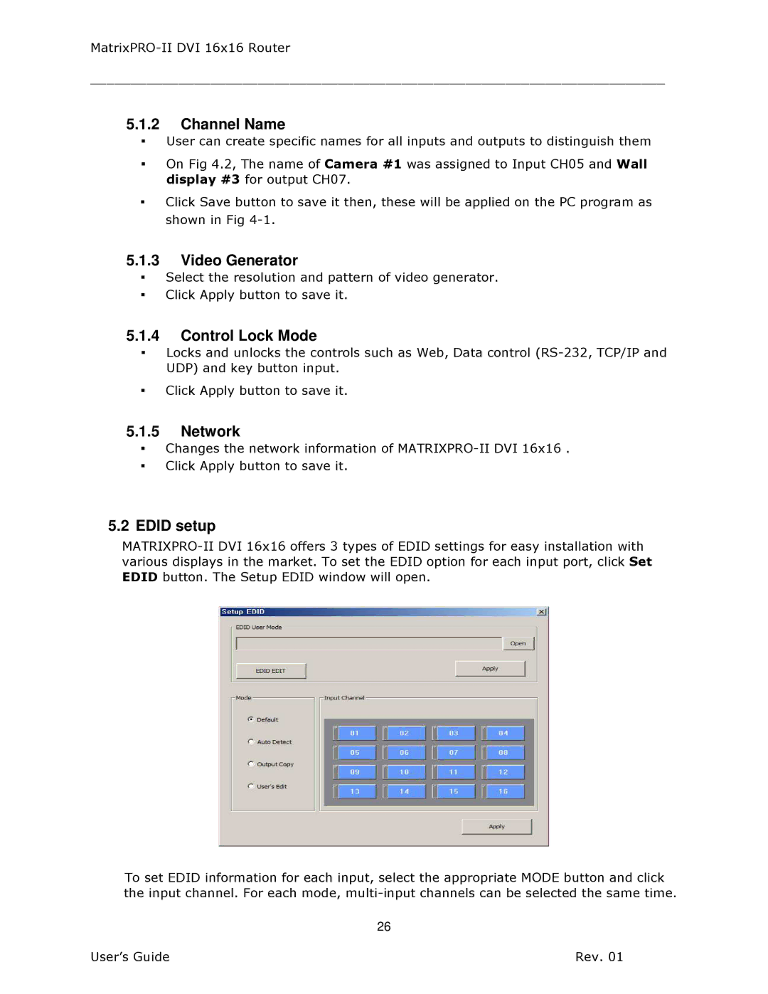 Barco 26-1302001-00 manual Channel Name, Control Lock Mode, Network, Edid setup 