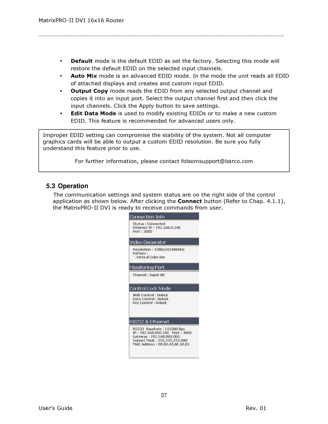 Barco 26-1302001-00 manual Operation 