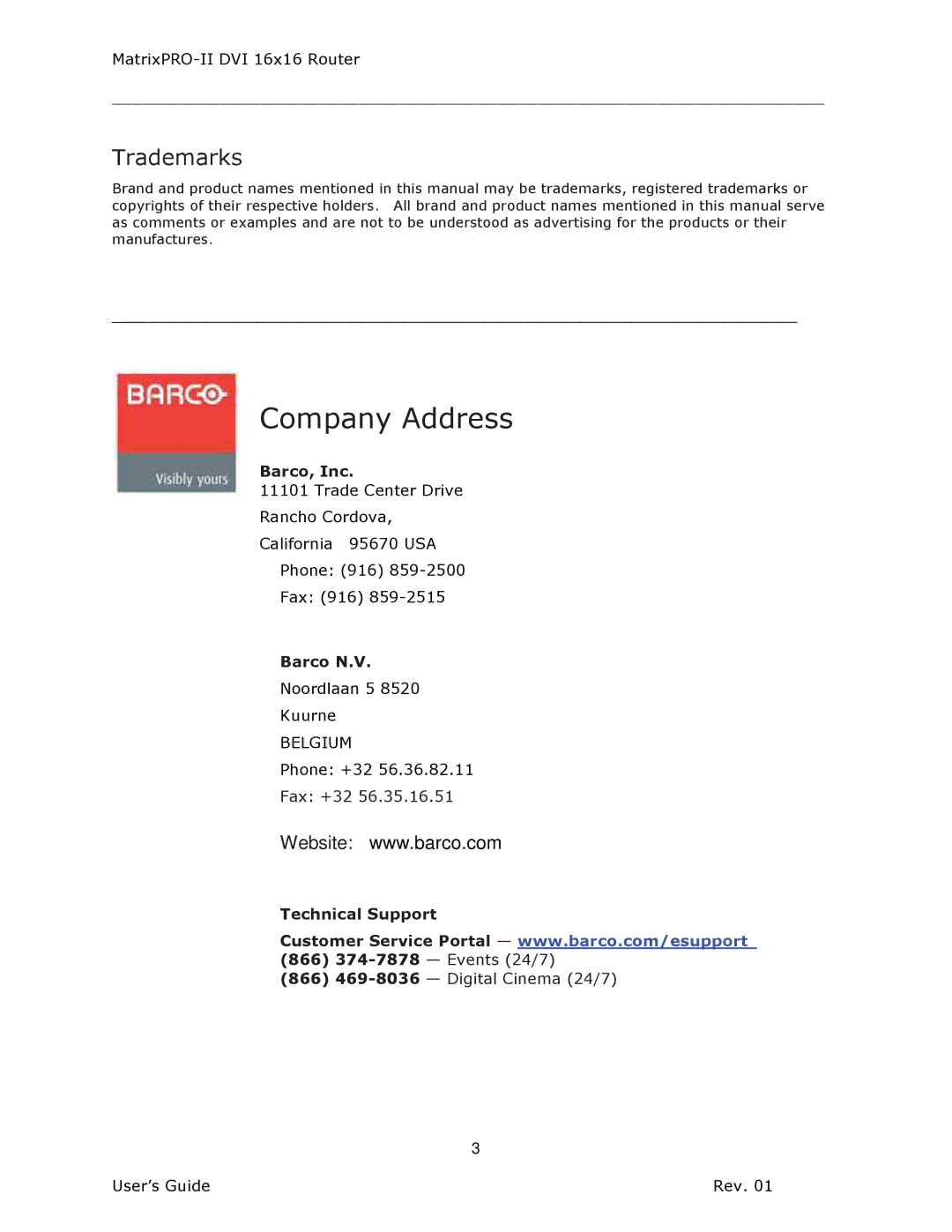 Barco 26-1302001-00 manual Company Address 