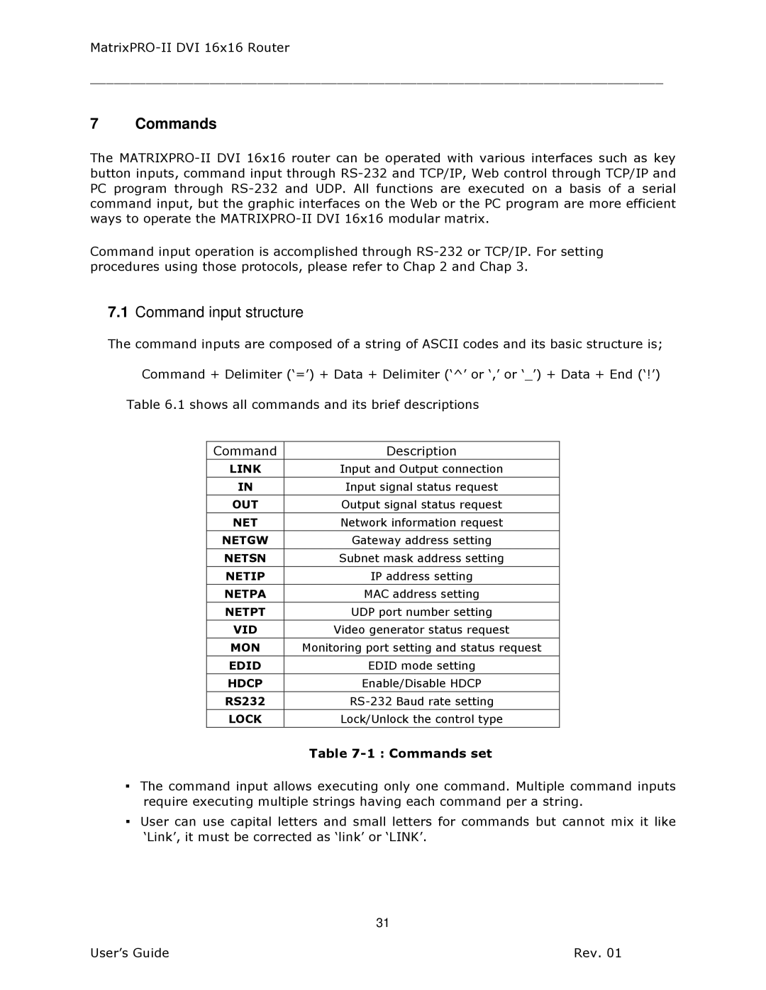 Barco 26-1302001-00 manual Commands, Command input structure 