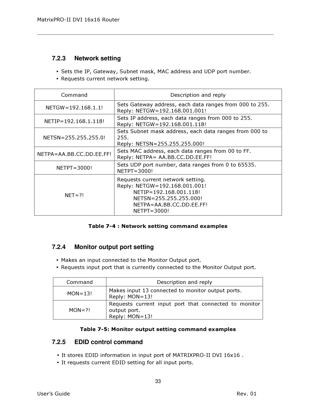 Barco 26-1302001-00 manual Network setting, Monitor output port setting, Edid control command 