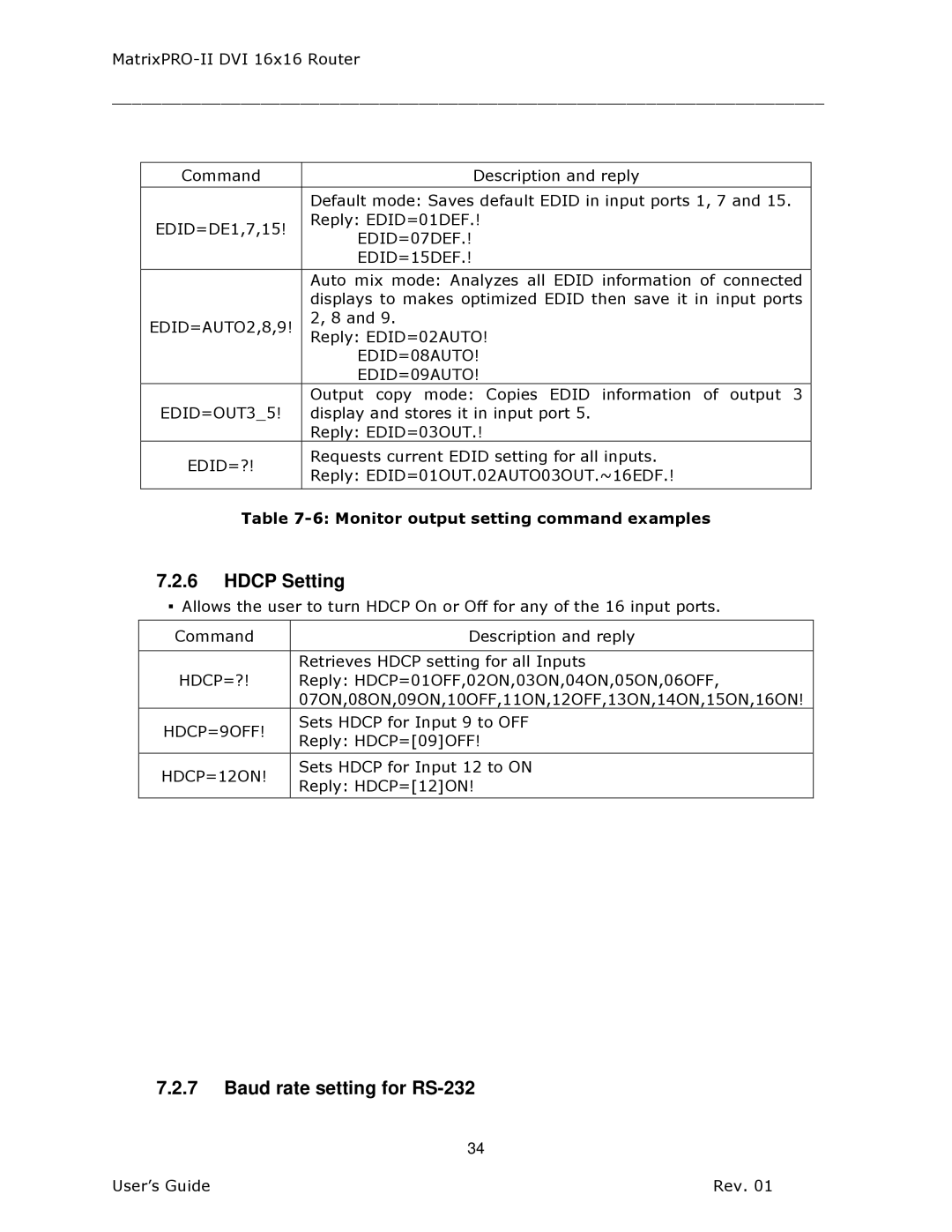 Barco 26-1302001-00 manual Hdcp Setting, Baud rate setting for RS-232 