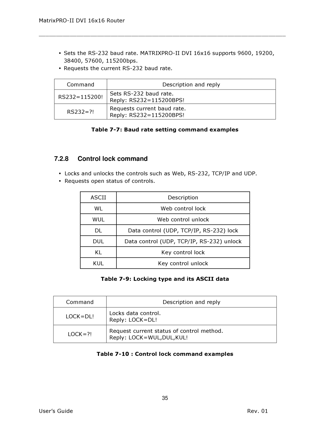 Barco 26-1302001-00 manual Control lock command, Locking type and its Ascii data 