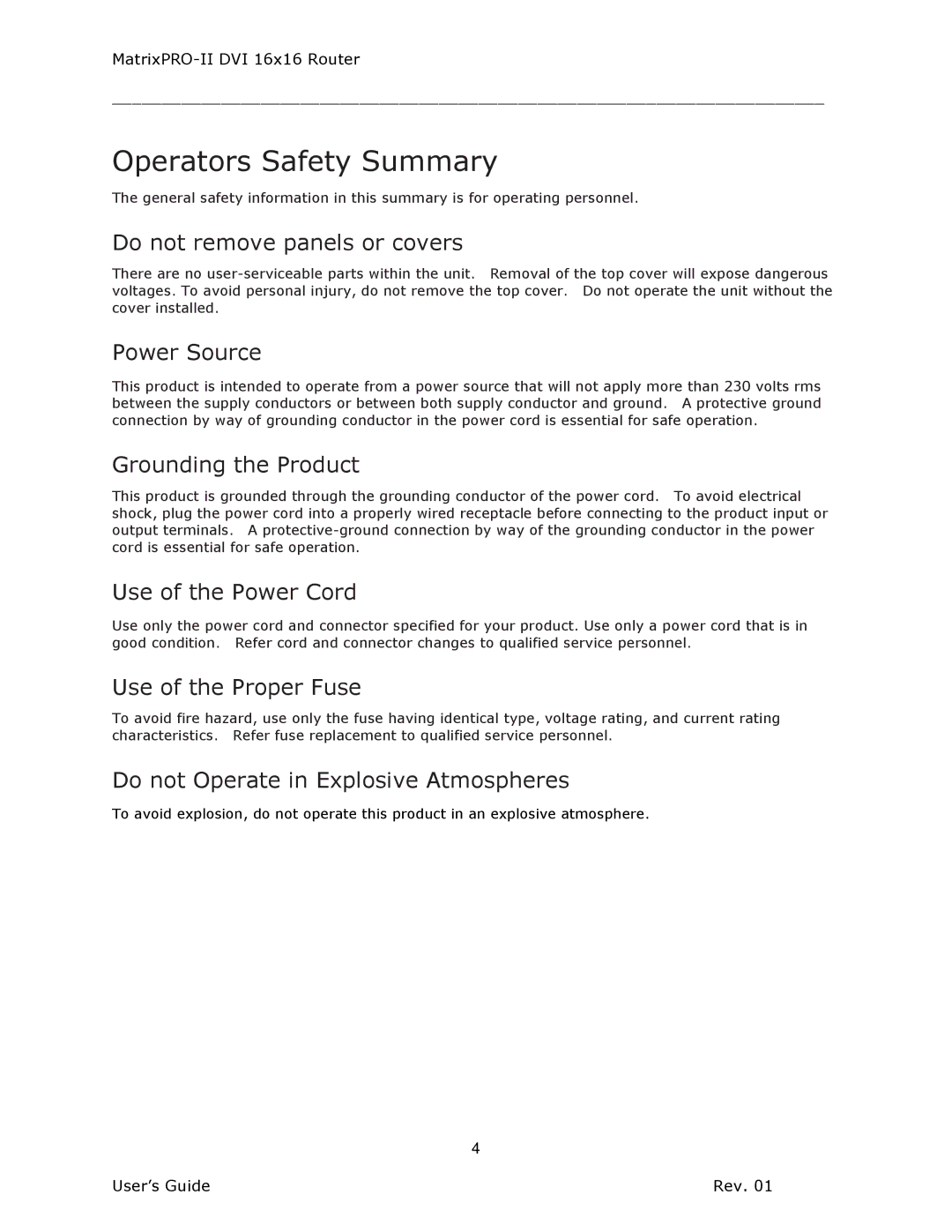 Barco 26-1302001-00 manual Operators Safety Summary 