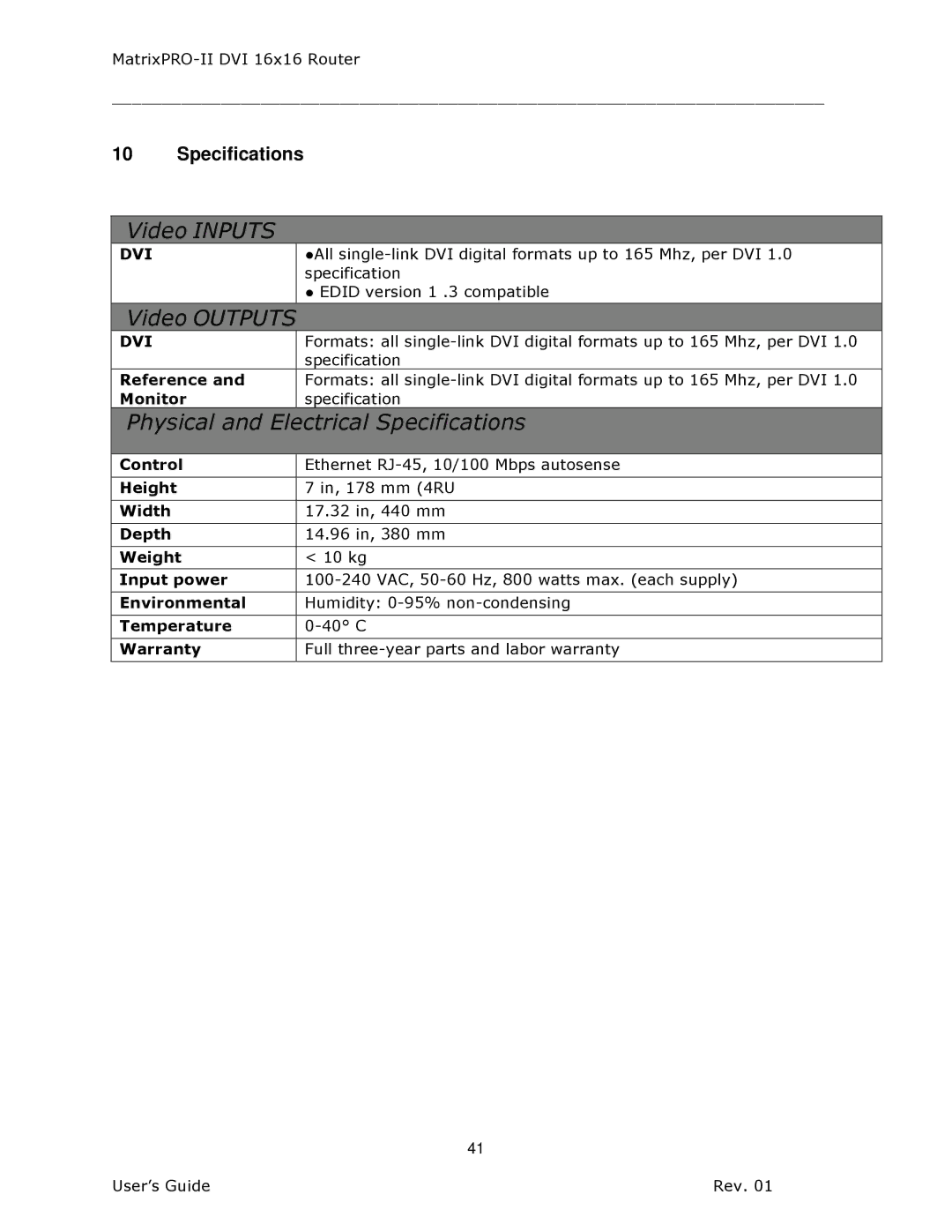 Barco 26-1302001-00 manual Video Inputs, Specifications 