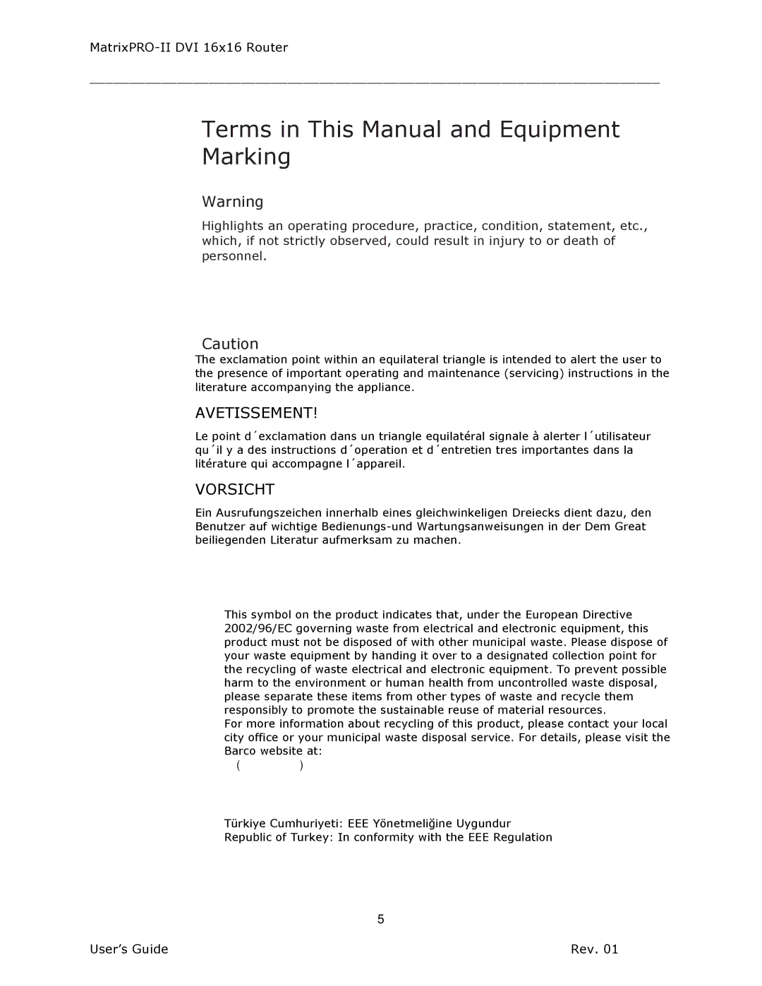 Barco 26-1302001-00 manual Terms in This Manual and Equipment Marking 