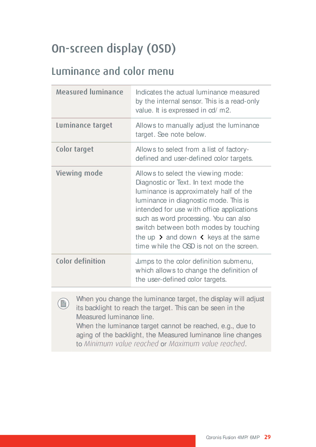 Barco 4MP/6MP manual On-screen display OSD, Luminance and color menu 