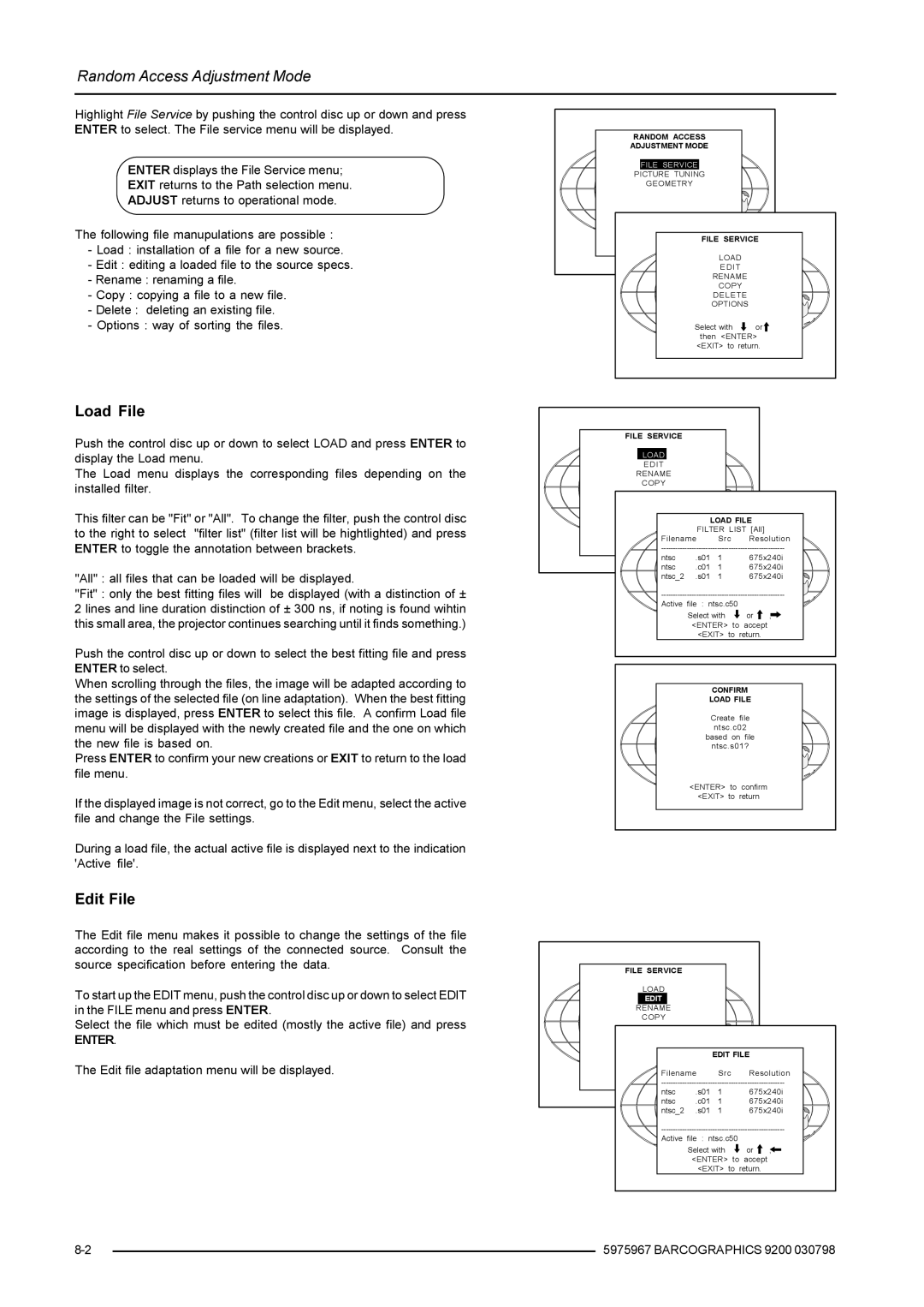 Barco 9200 owner manual Load File, Edit File, Edit file adaptation menu will be displayed, File Service 