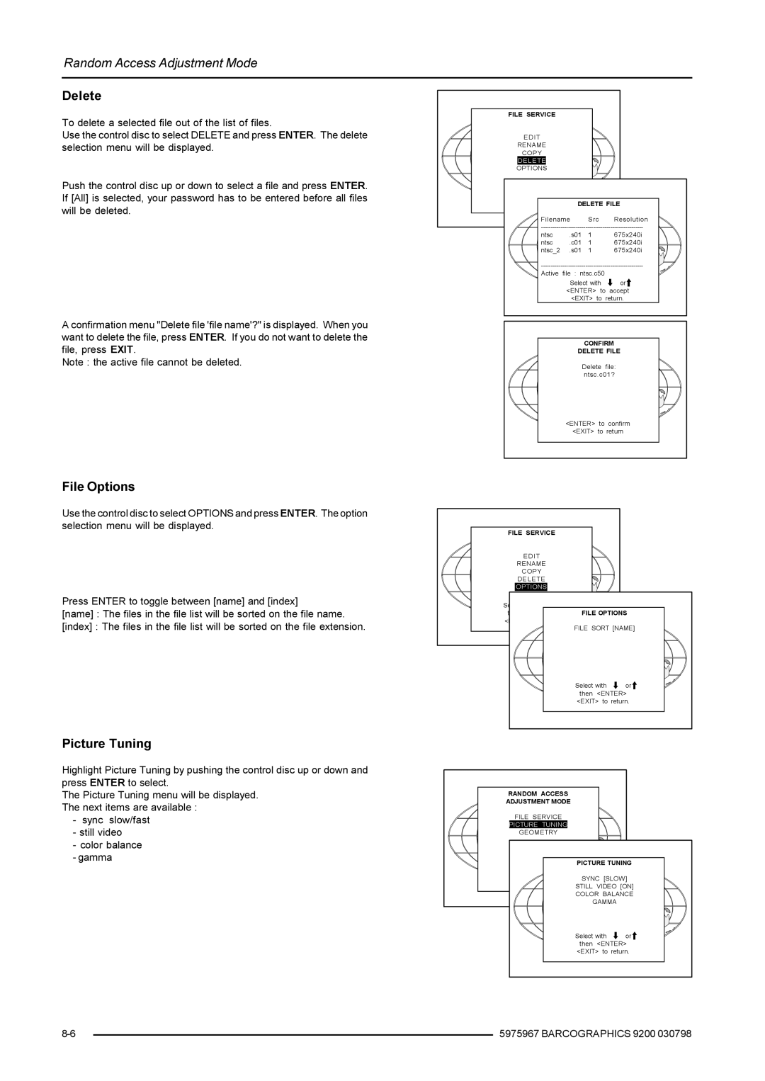 Barco 9200 owner manual Delete, File Options, Picture Tuning 