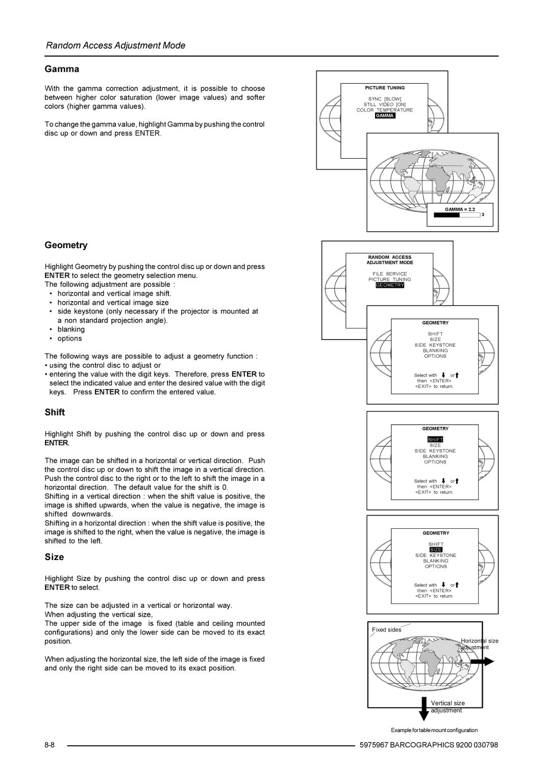 Barco 9200 owner manual Gamma, Geometry, Shift, Size 