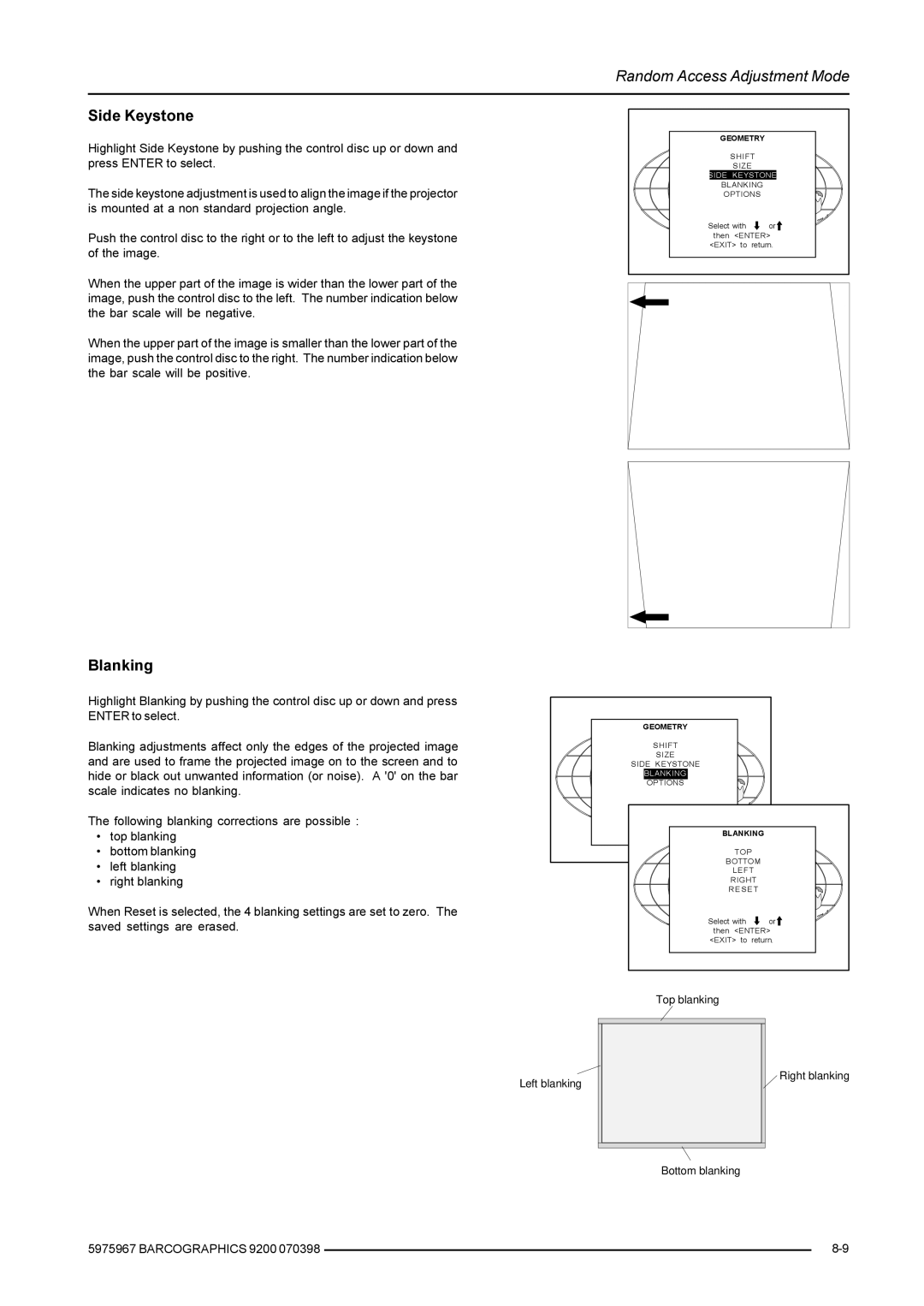 Barco 9200 owner manual Side Keystone, Blanking 