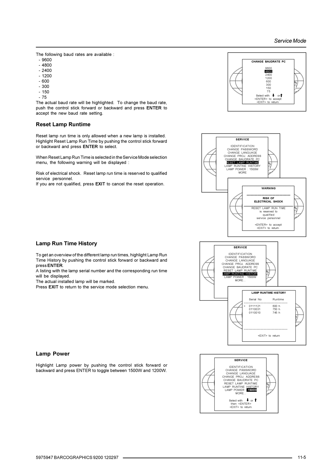 Barco owner manual Reset Lamp Runtime, Lamp Run Time History, Lamp Power, Barcographics 9200 11-5 