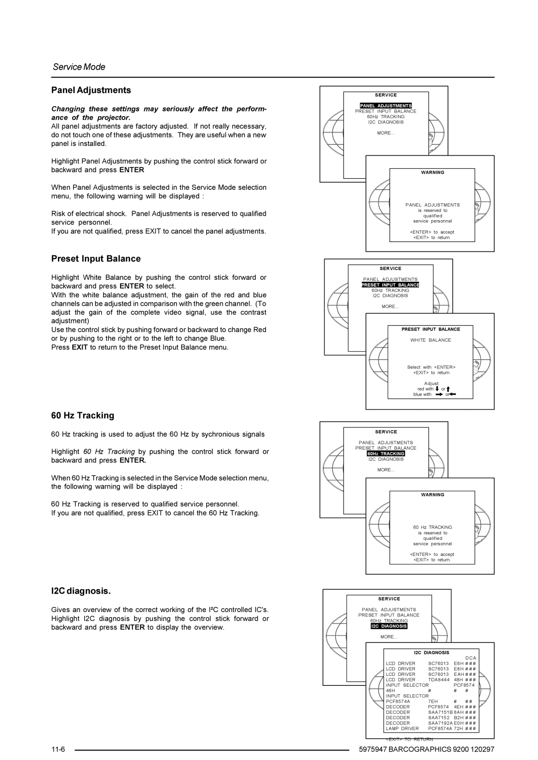 Barco 9200 owner manual Panel Adjustments, Preset Input Balance, Hz Tracking, I2C diagnosis 