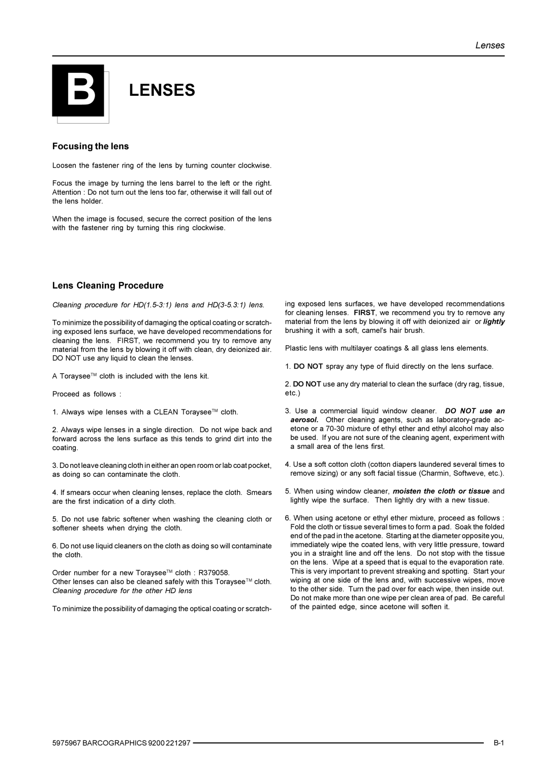 Barco 9200 owner manual Lenses, Focusing the lens, Lens Cleaning Procedure 