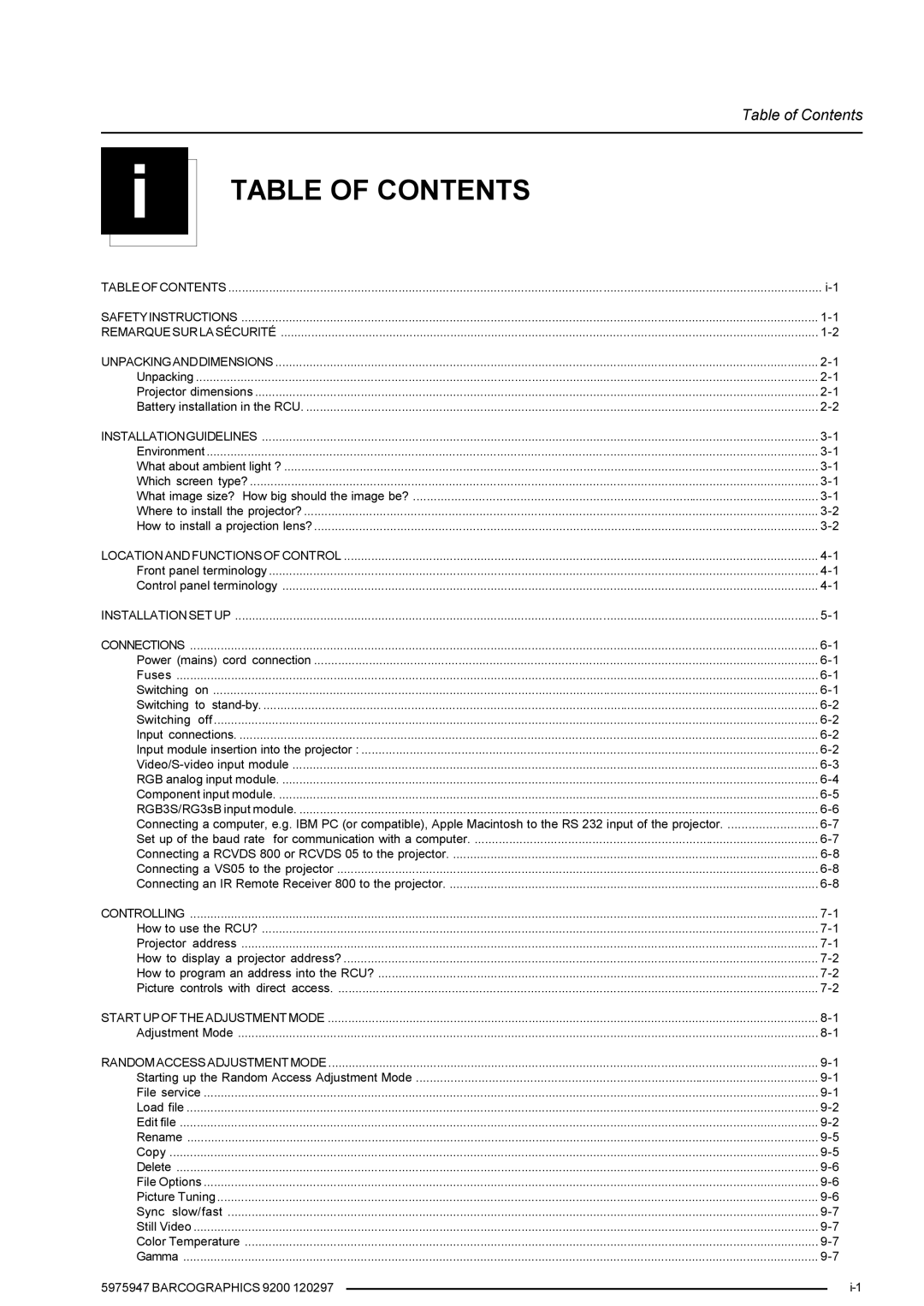 Barco 9200 owner manual Table of Contents 