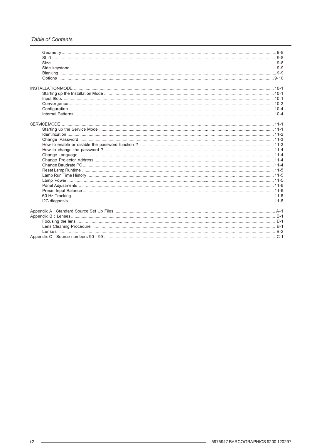 Barco 9200 owner manual 10-1, 10-2, 10-4, 11-1, 11-2, 11-3, 11-4, 11-5, 11-6 