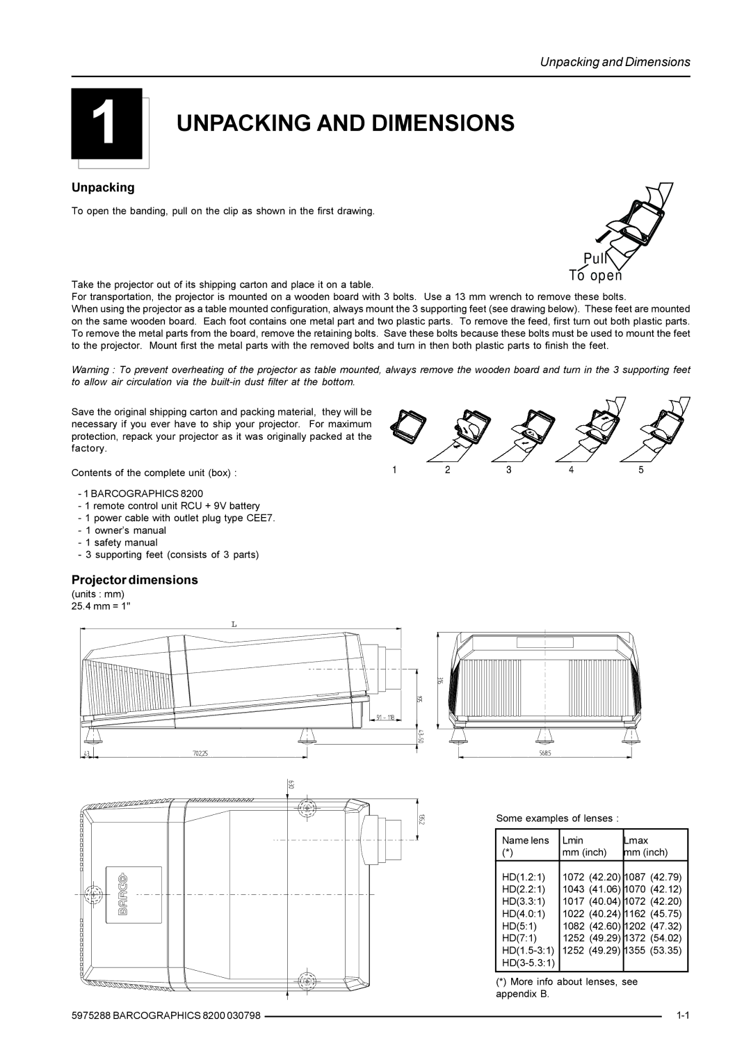 Barco 9200 owner manual Unpacking and Dimensions, Projector dimensions 