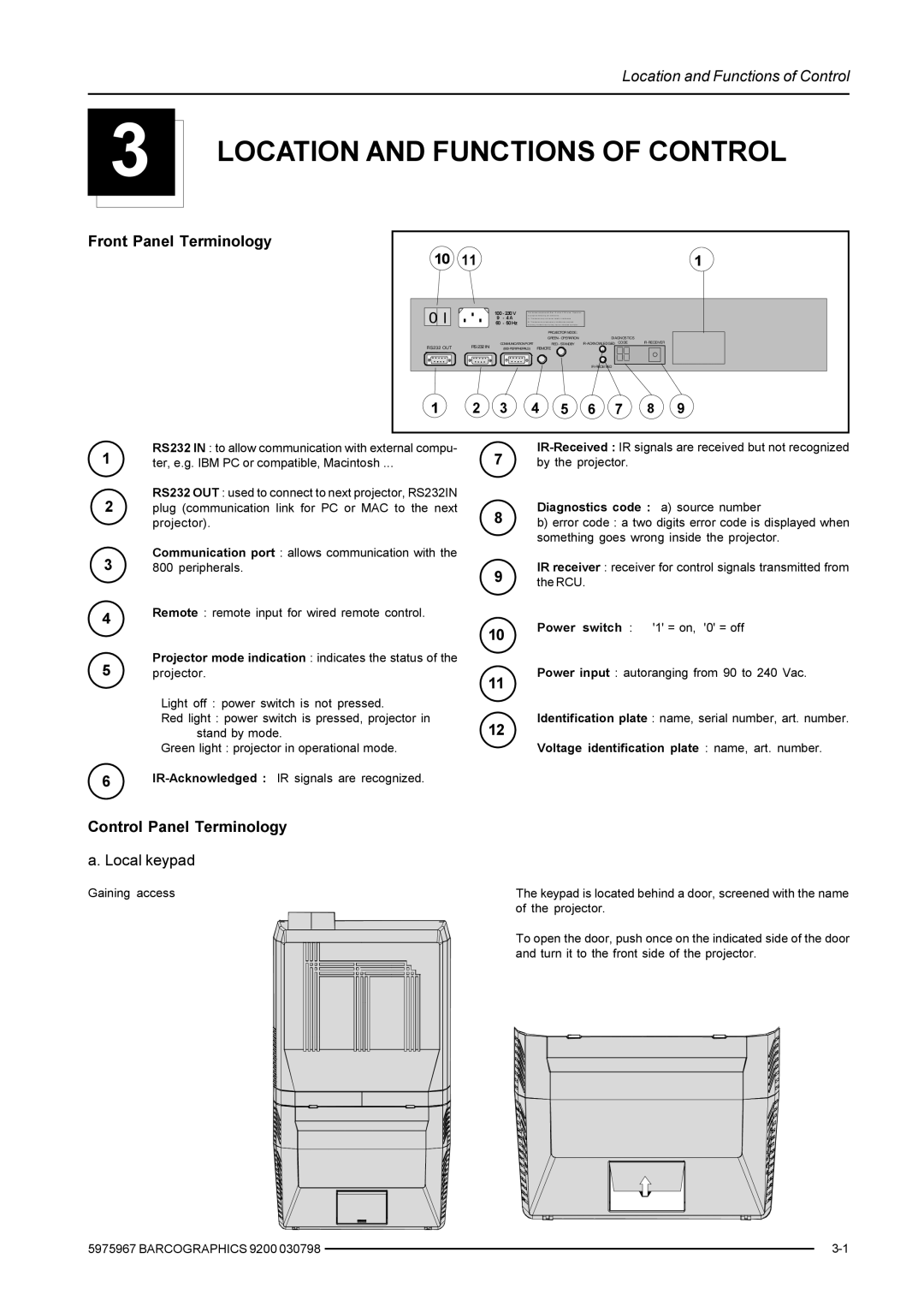 Barco 9200 owner manual Of Control, Location and Functions of Control, Front Panel Terminology 