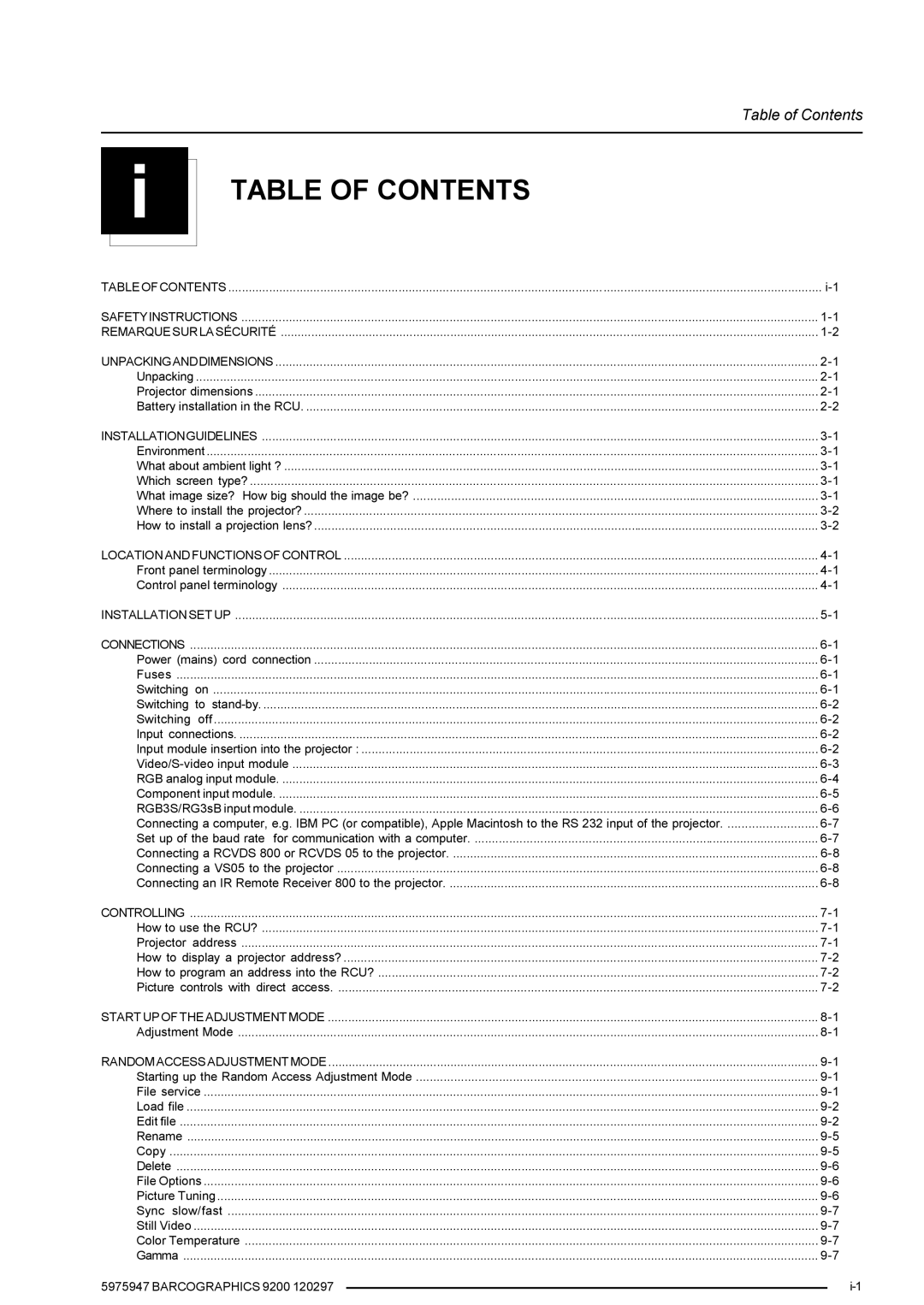 Barco 9200 owner manual i TABLE OF CONTENTS, Table of Contents 