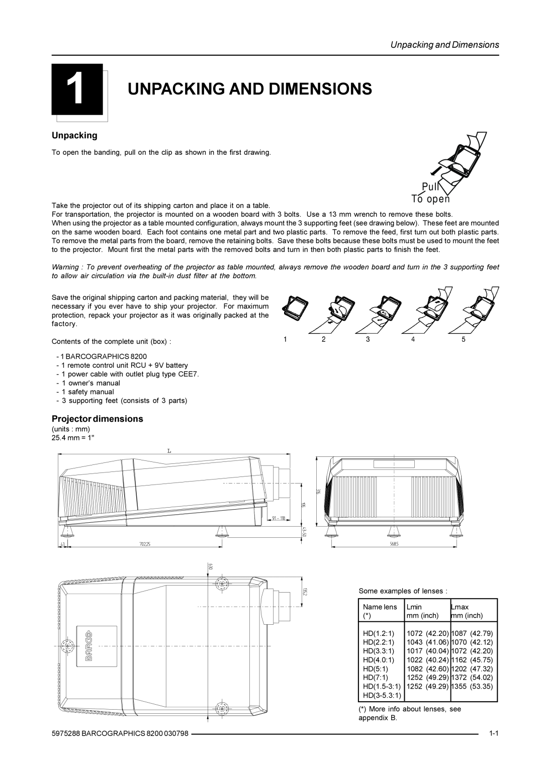 Barco 9200 owner manual Unpacking And Dimensions, Unpacking and Dimensions, Projector dimensions, Pull To open 