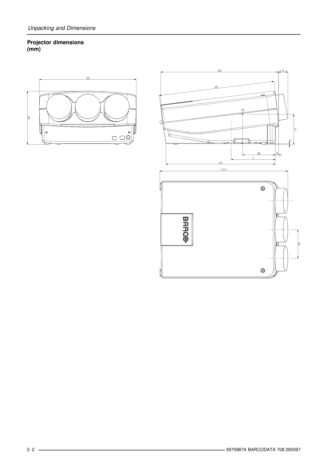 Barco DATA 708 installation manual Projector dimensions mm 