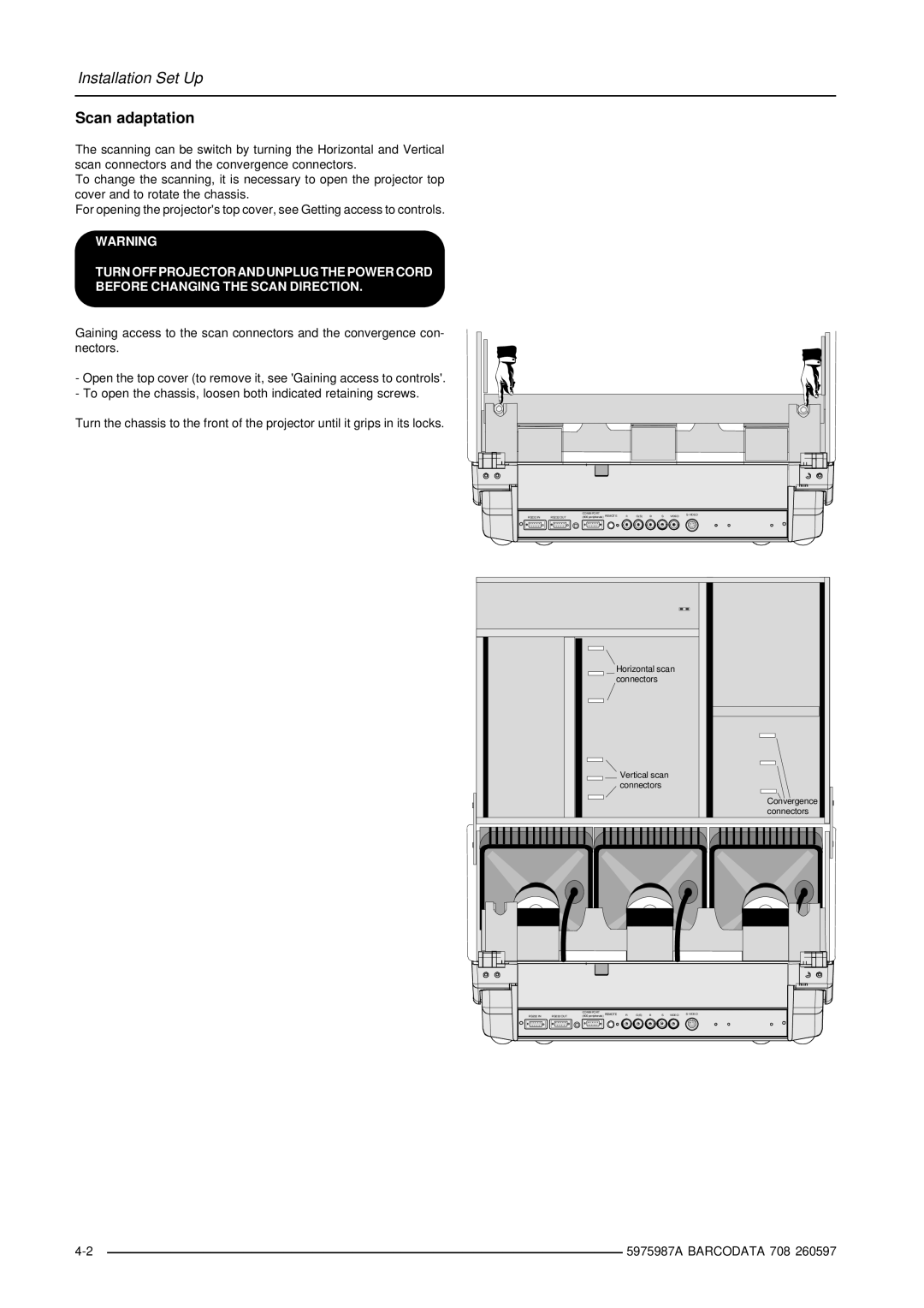 Barco DATA 708 installation manual Scan adaptation, Connectors 