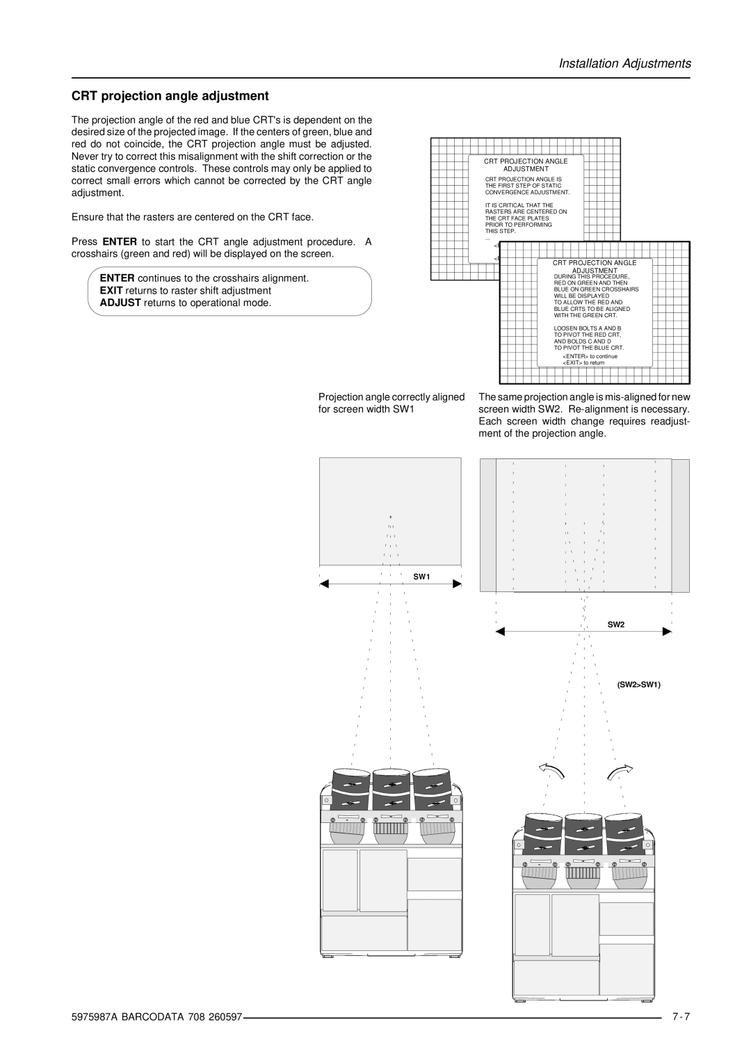 Barco DATA 708 installation manual CRT projection angle adjustment 