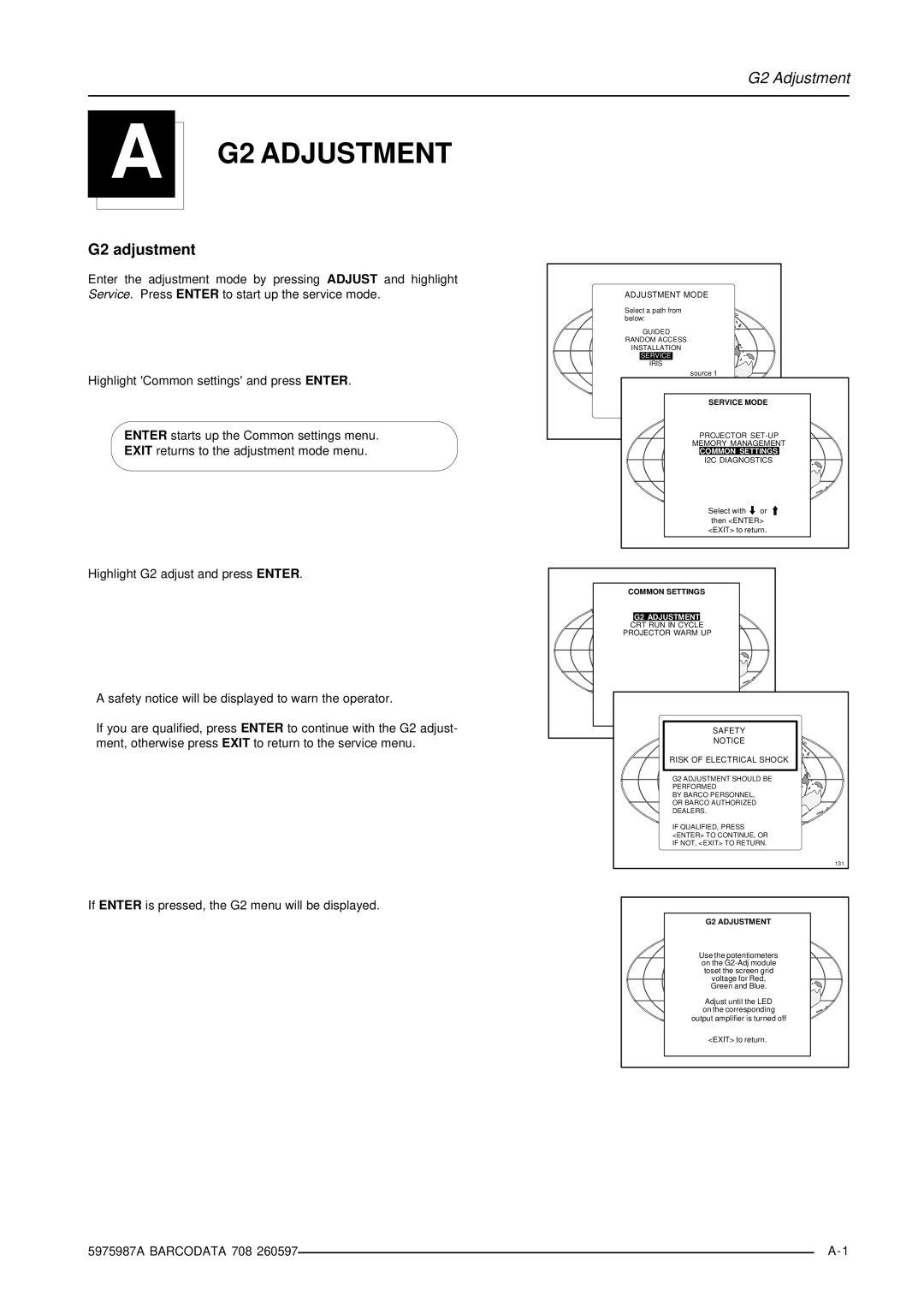 Barco DATA 708 installation manual G2 Adjustment, G2 adjustment 