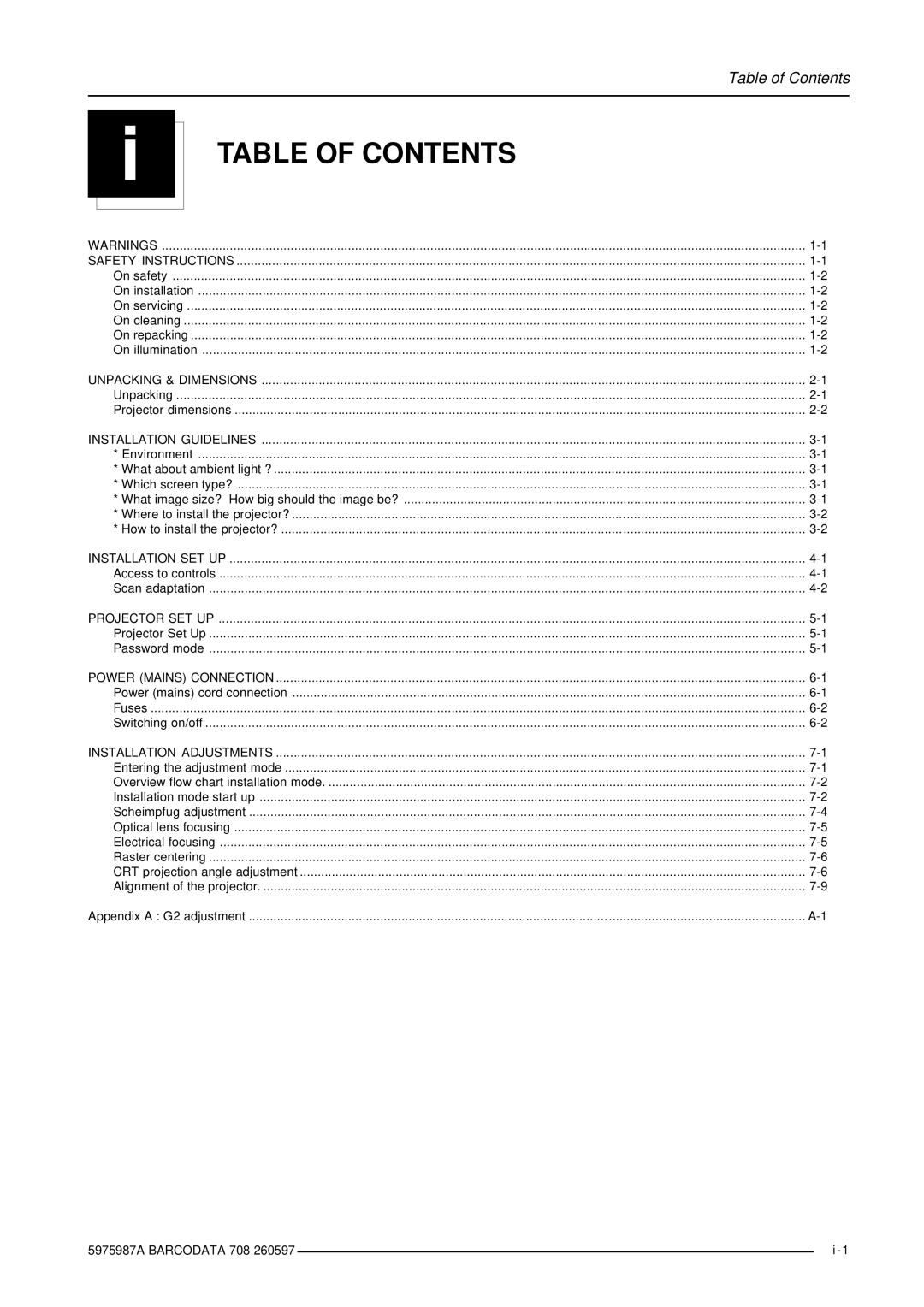 Barco DATA 708 installation manual Table of Contents 