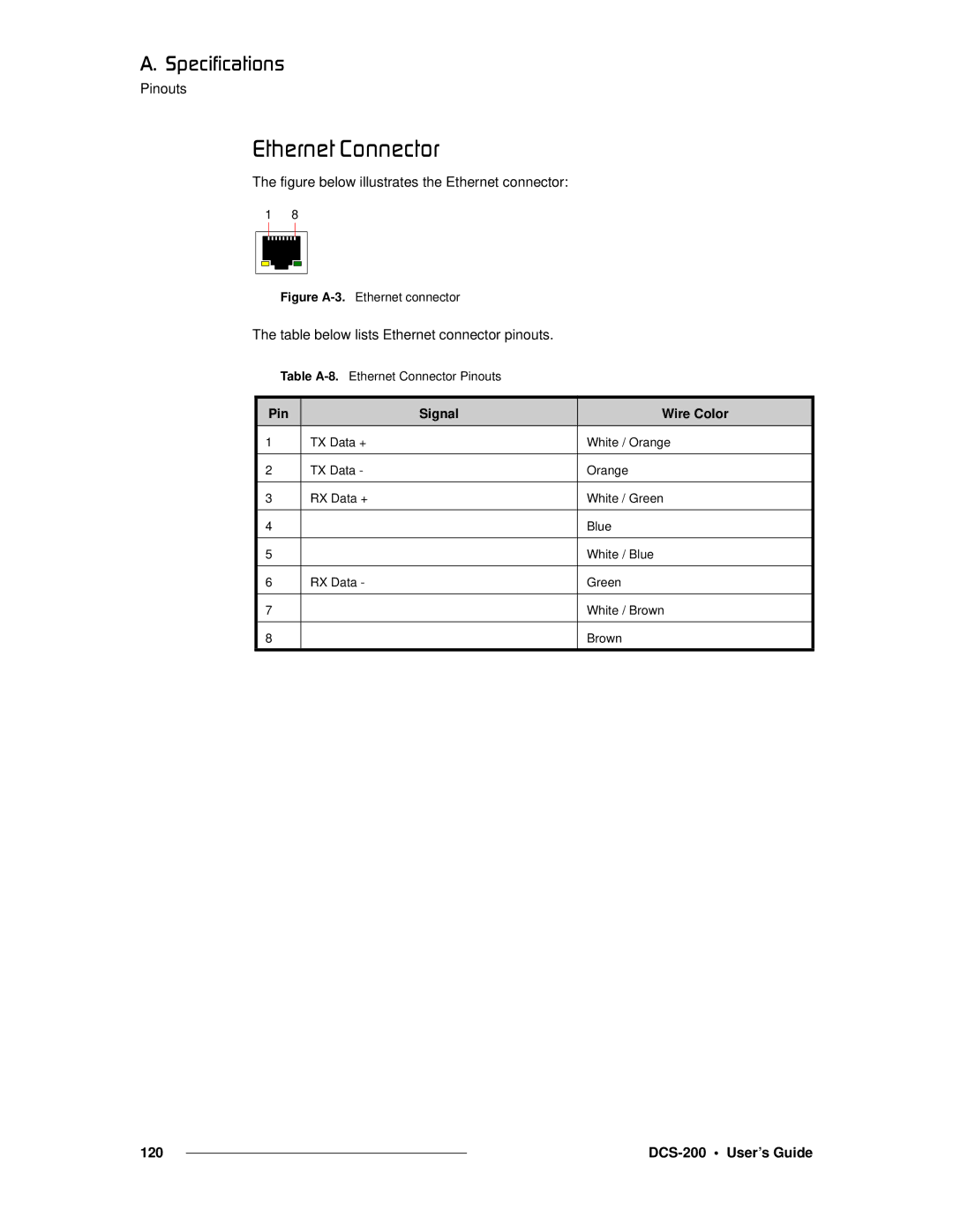 Barco DCS-200 manual BíÜÉêåÉí=`çååÉÅíçê, Table below lists Ethernet connector pinouts 