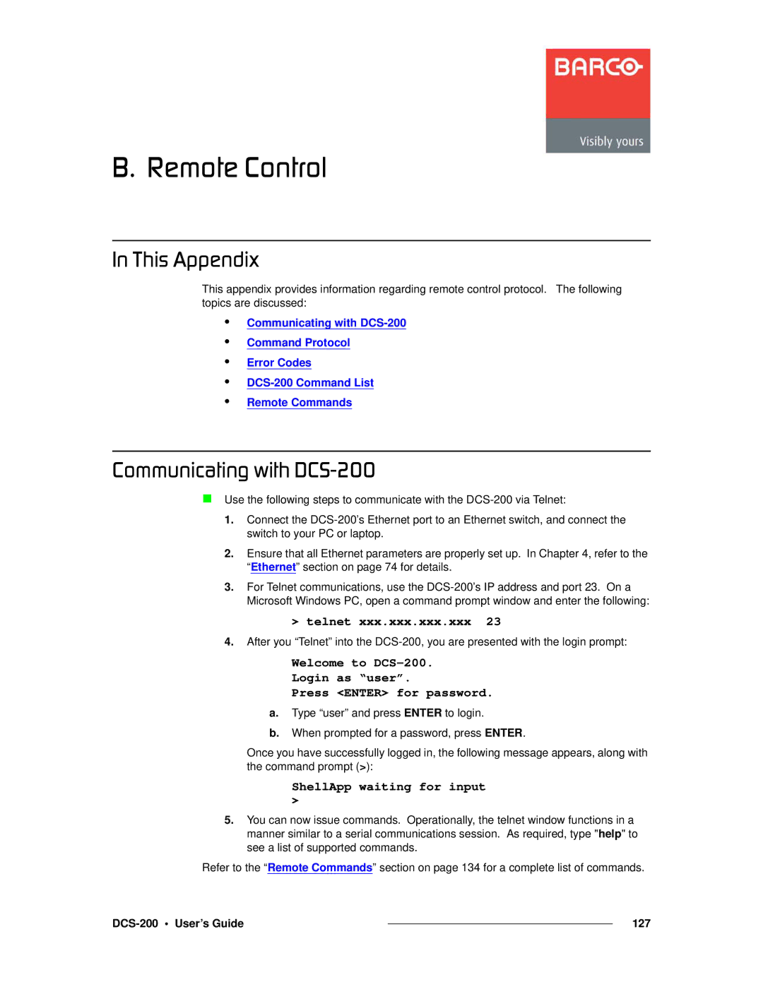 Barco manual `çããìåáÅ~íáåÖ=ïáíÜ=a`pJOMM, DCS-200 User’s Guide 127 