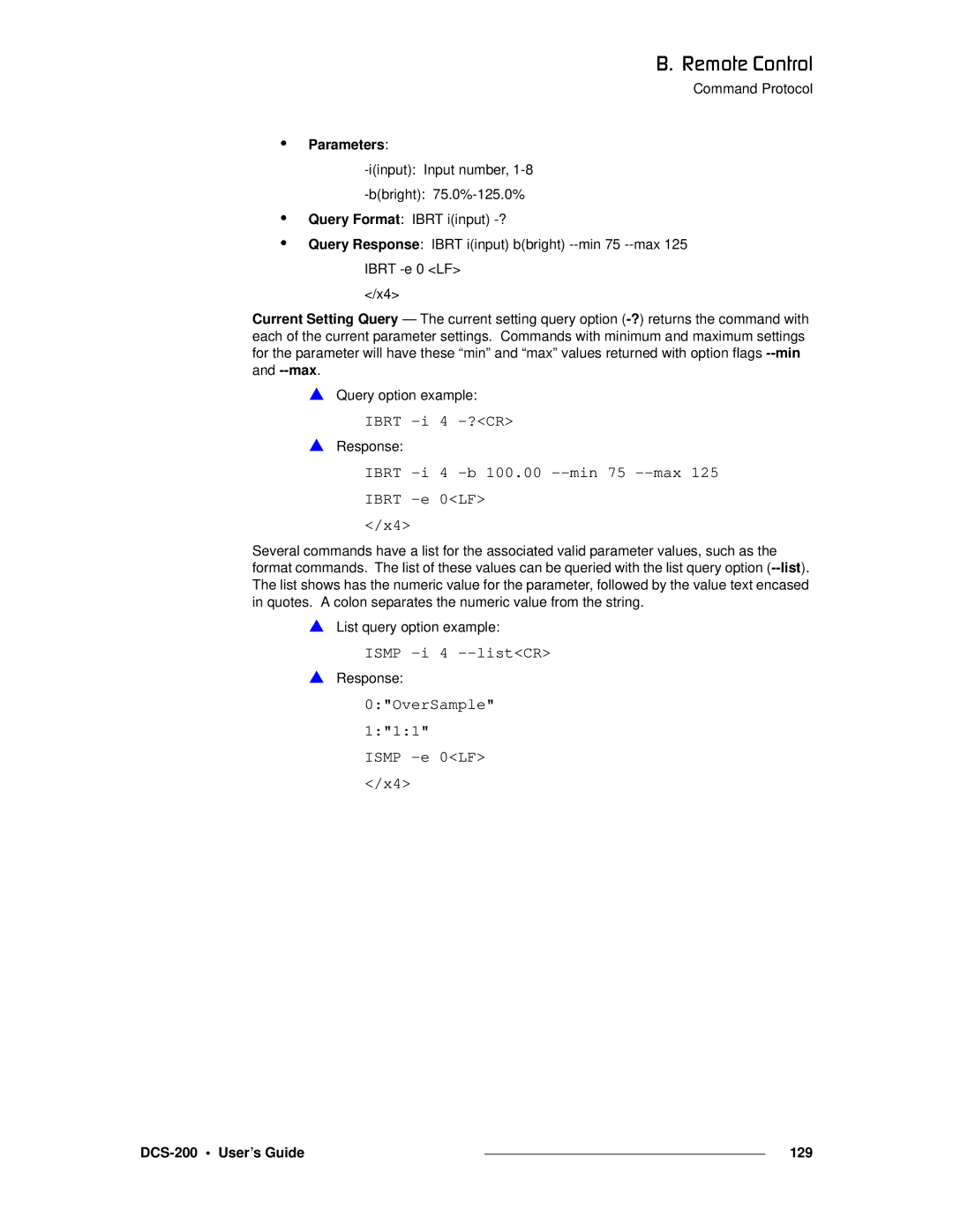 Barco manual Parameters, DCS-200 User’s Guide 129 