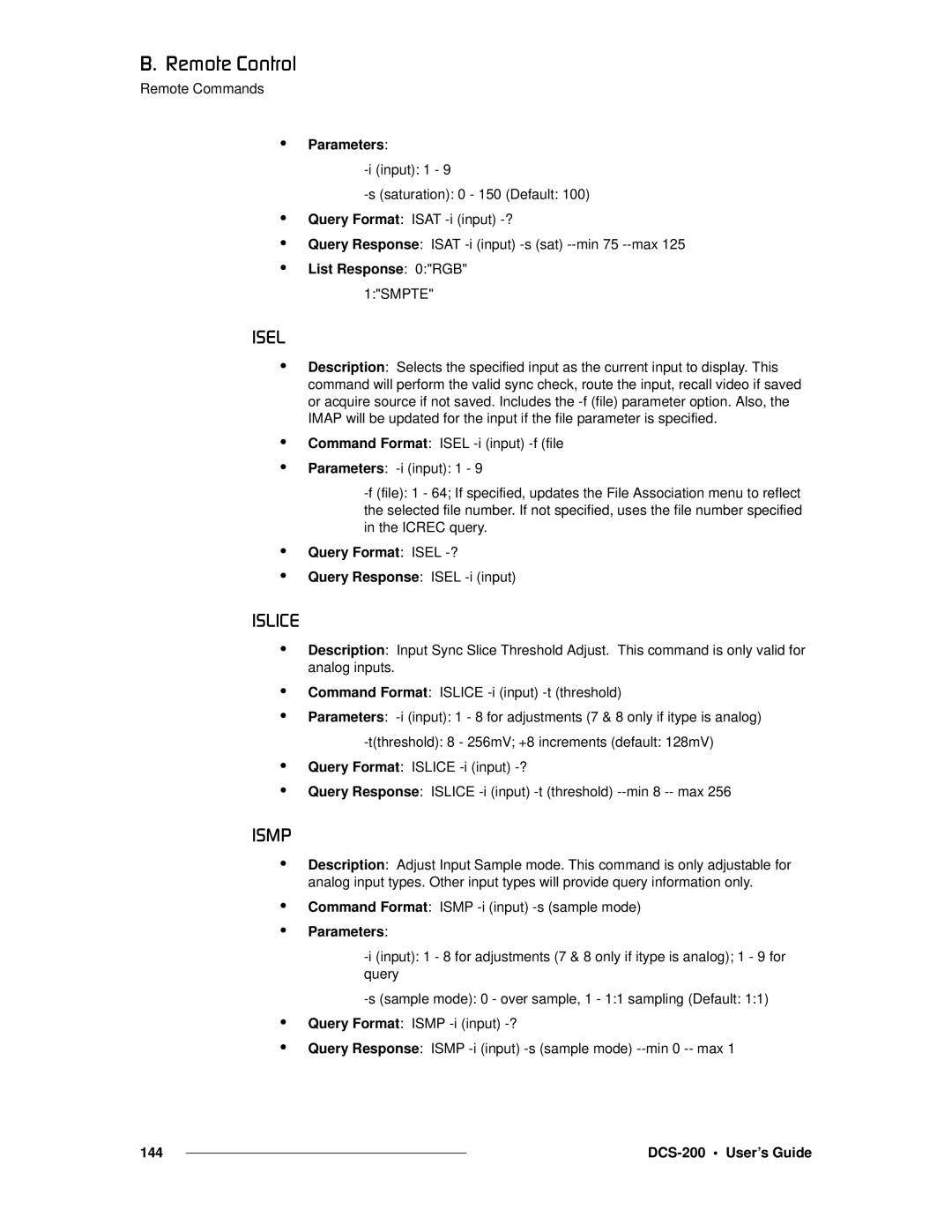 Barco DCS-200 manual Fpbi, Fpif`b=, Fpjm=, List Response 0RGB, Query Format Isel -? 