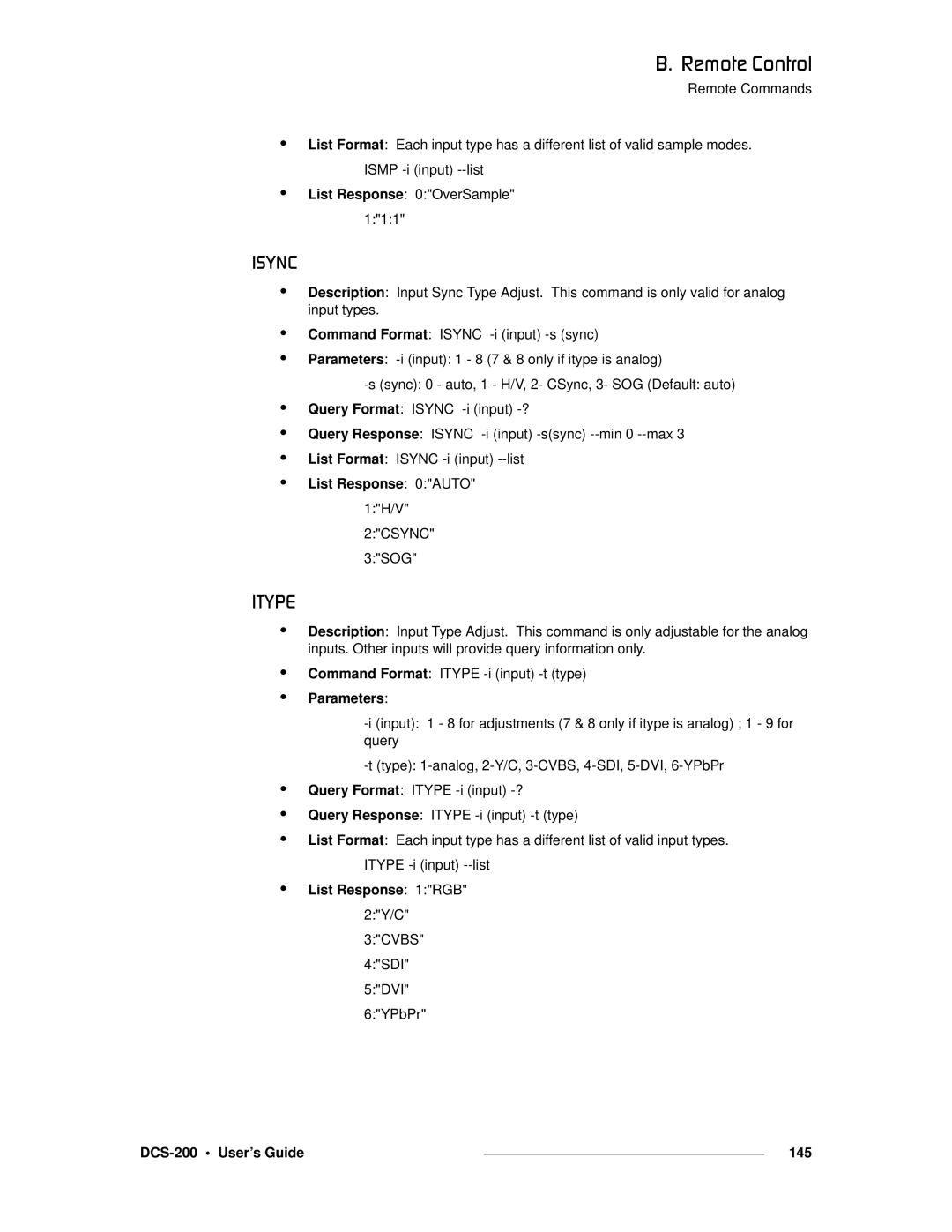 Barco manual Fpvk`, Fqvmb, List Response 0AUTO, List Response 1RGB, DCS-200 User’s Guide 145 