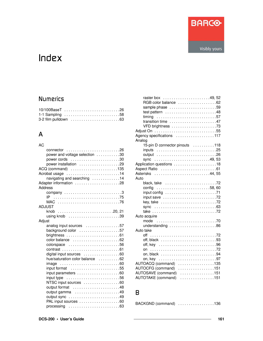 Barco manual KìãÉêáÅë, DCS-200 User’s Guide 161 