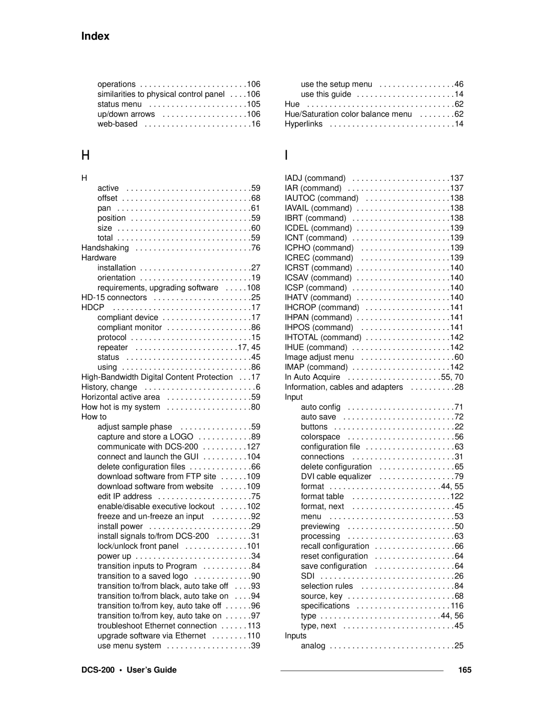 Barco DCS-200 manual Operations 106 Use the setup menu, 165 