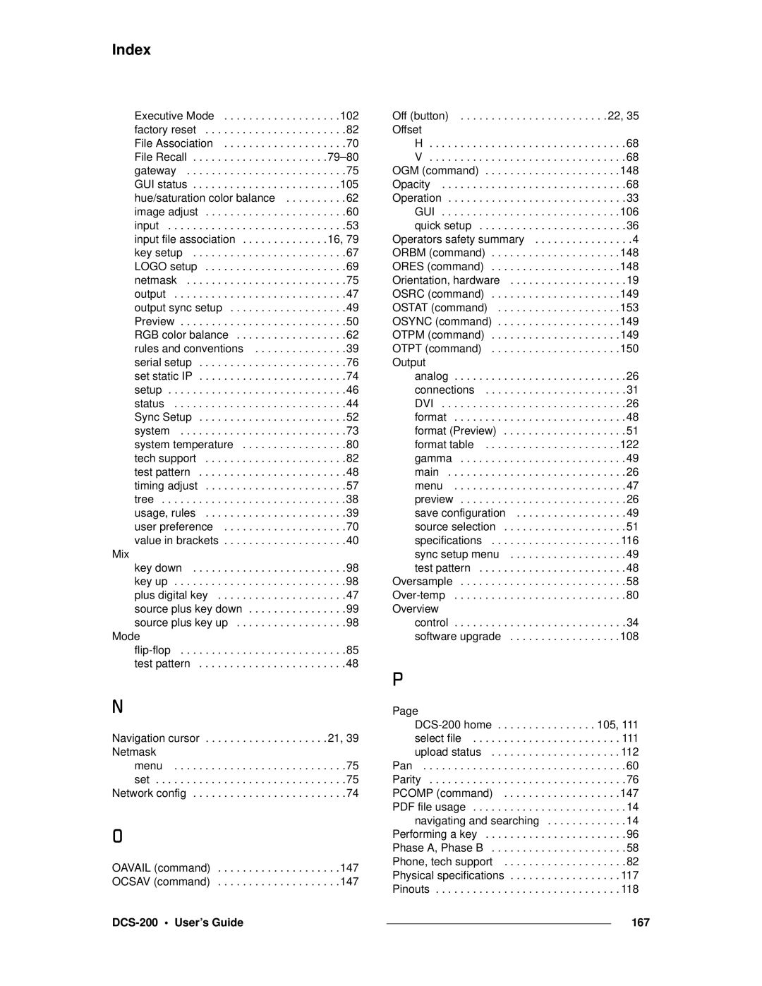 Barco DCS-200 manual Off button Offset OGM command 148 Opacity Operation, 167 